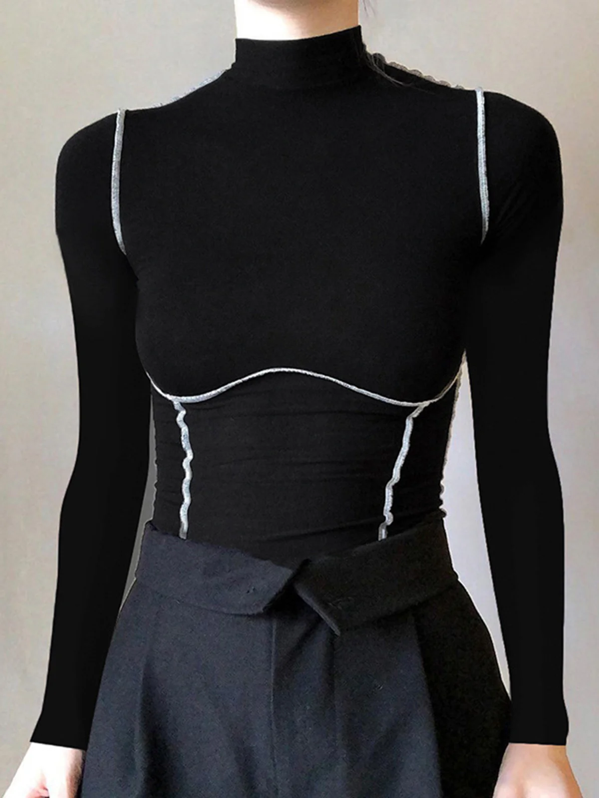Contrast Trim Mock Neck Long Sleeve Top - Image 3