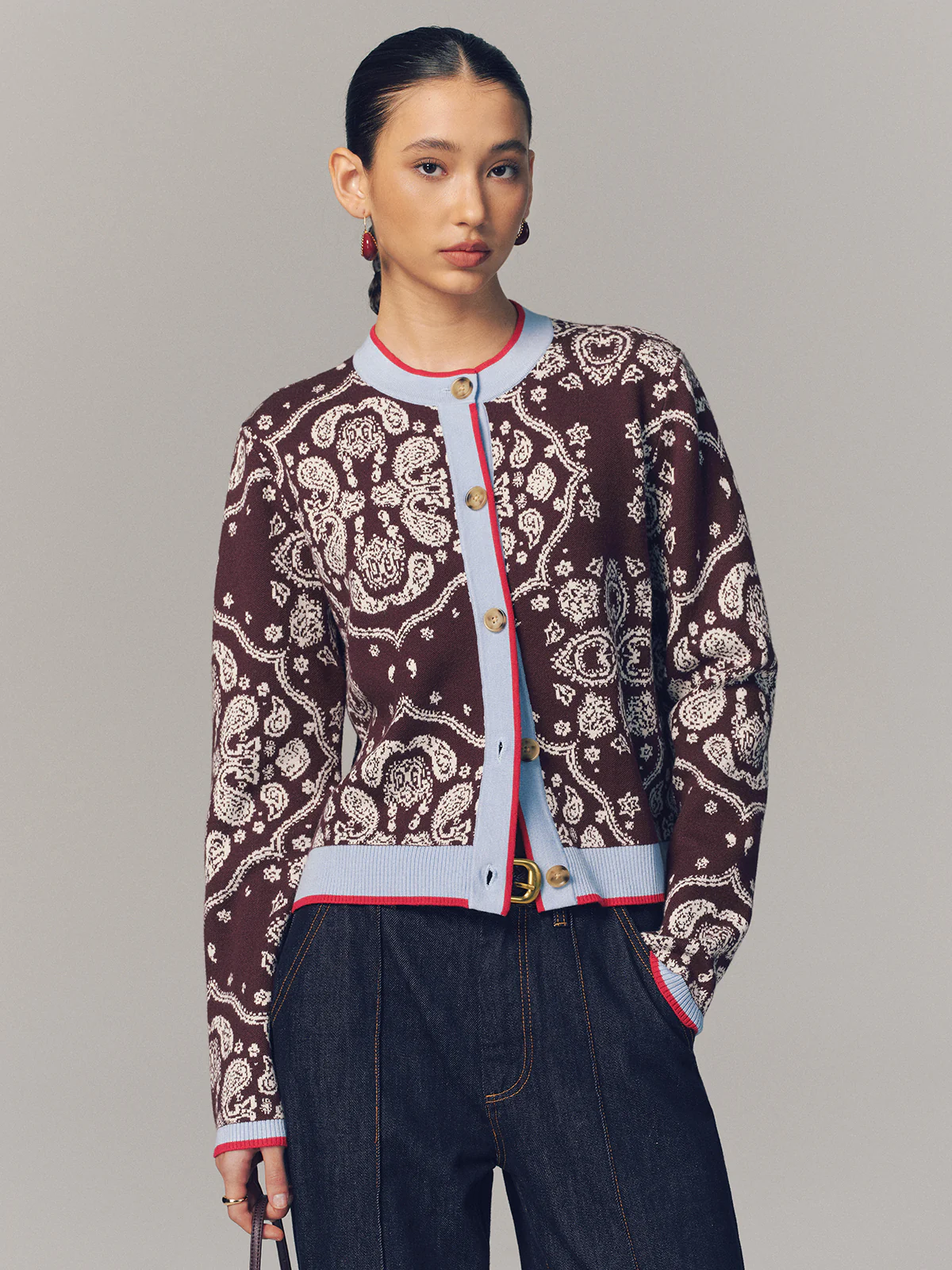Contrast Trim Paisley Knit Cardigan - Image 2