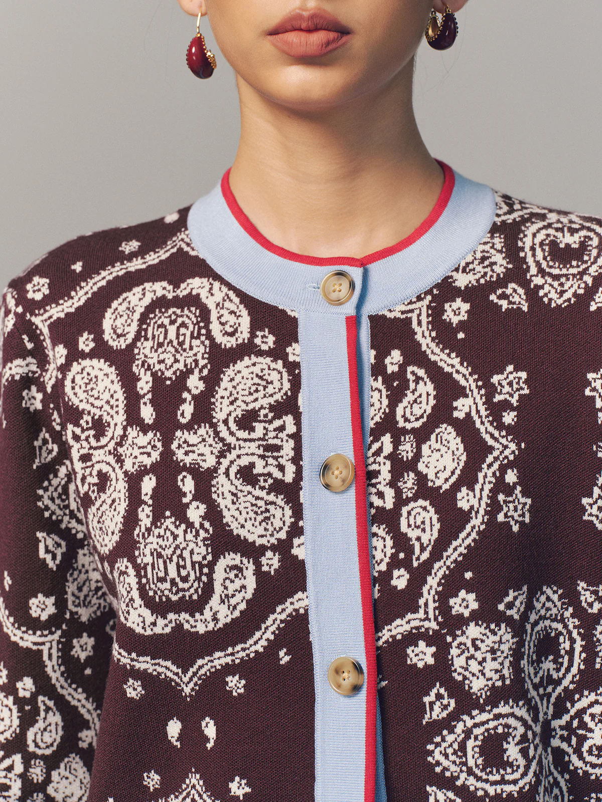 Contrast Trim Paisley Knit Cardigan - Image 3
