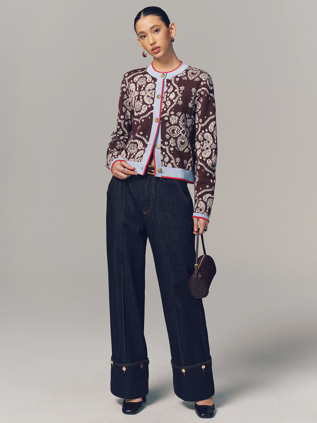 Contrast Trim Paisley Knit Cardigan - Image 4