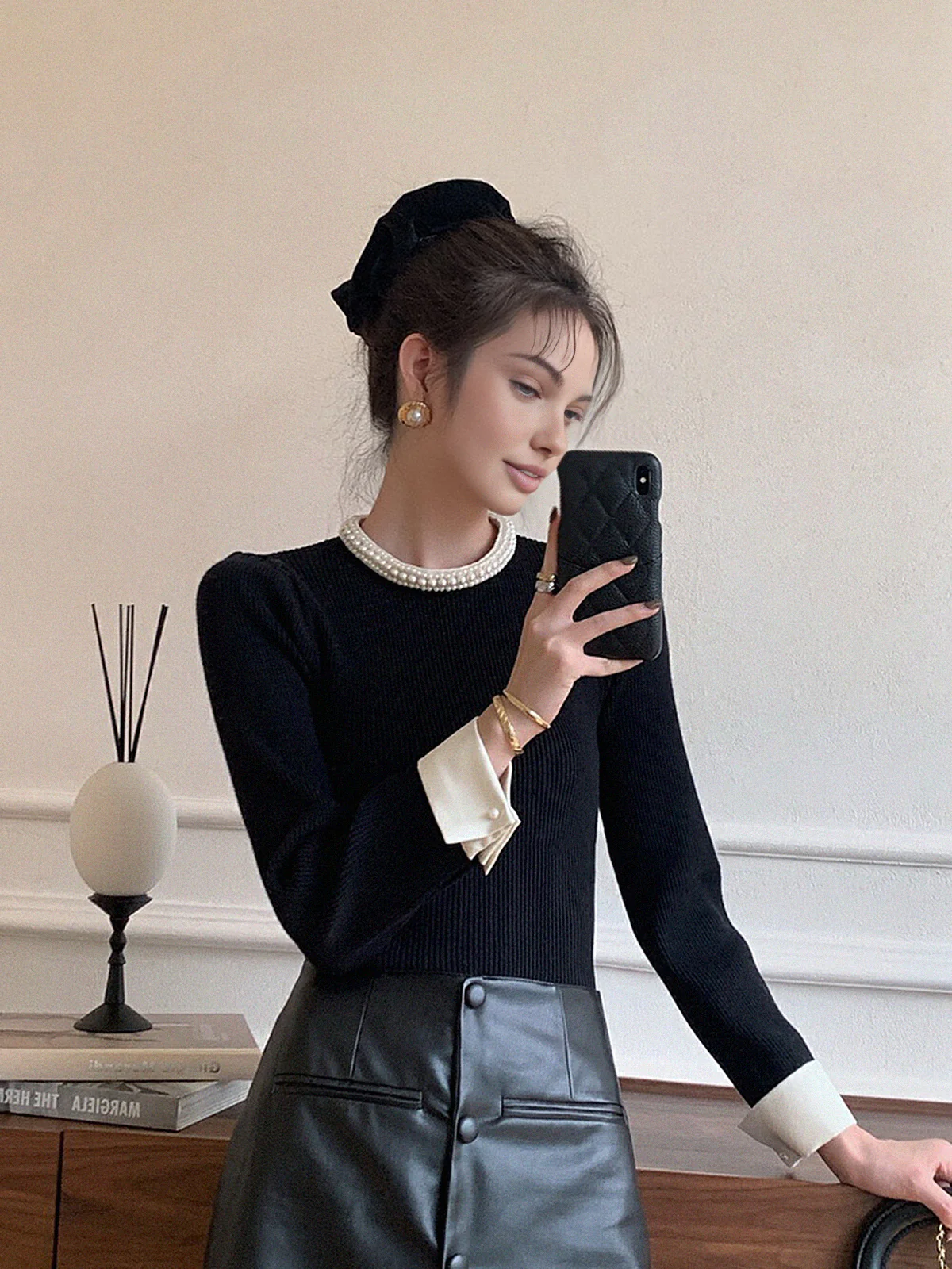 Contrast Trim Pearl-Detail Sweater - Image 3