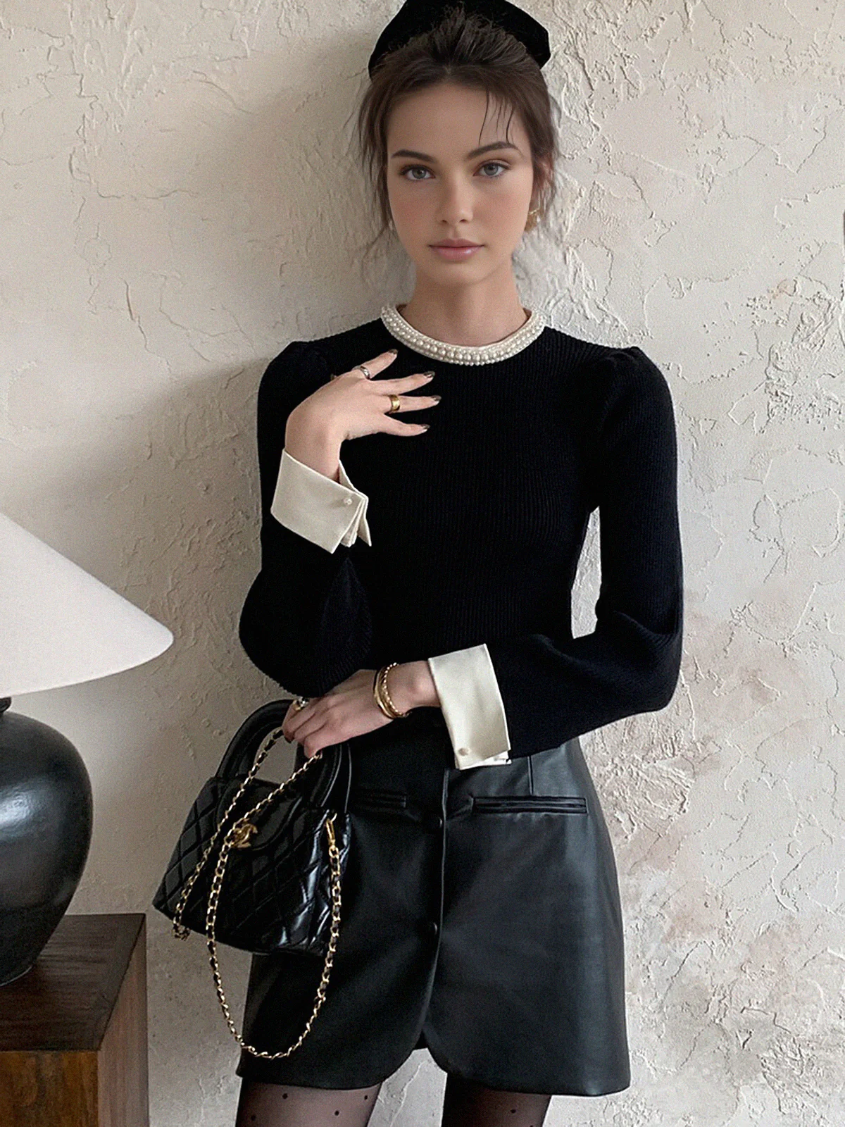 Contrast Trim Pearl-Detail Sweater - Image 4