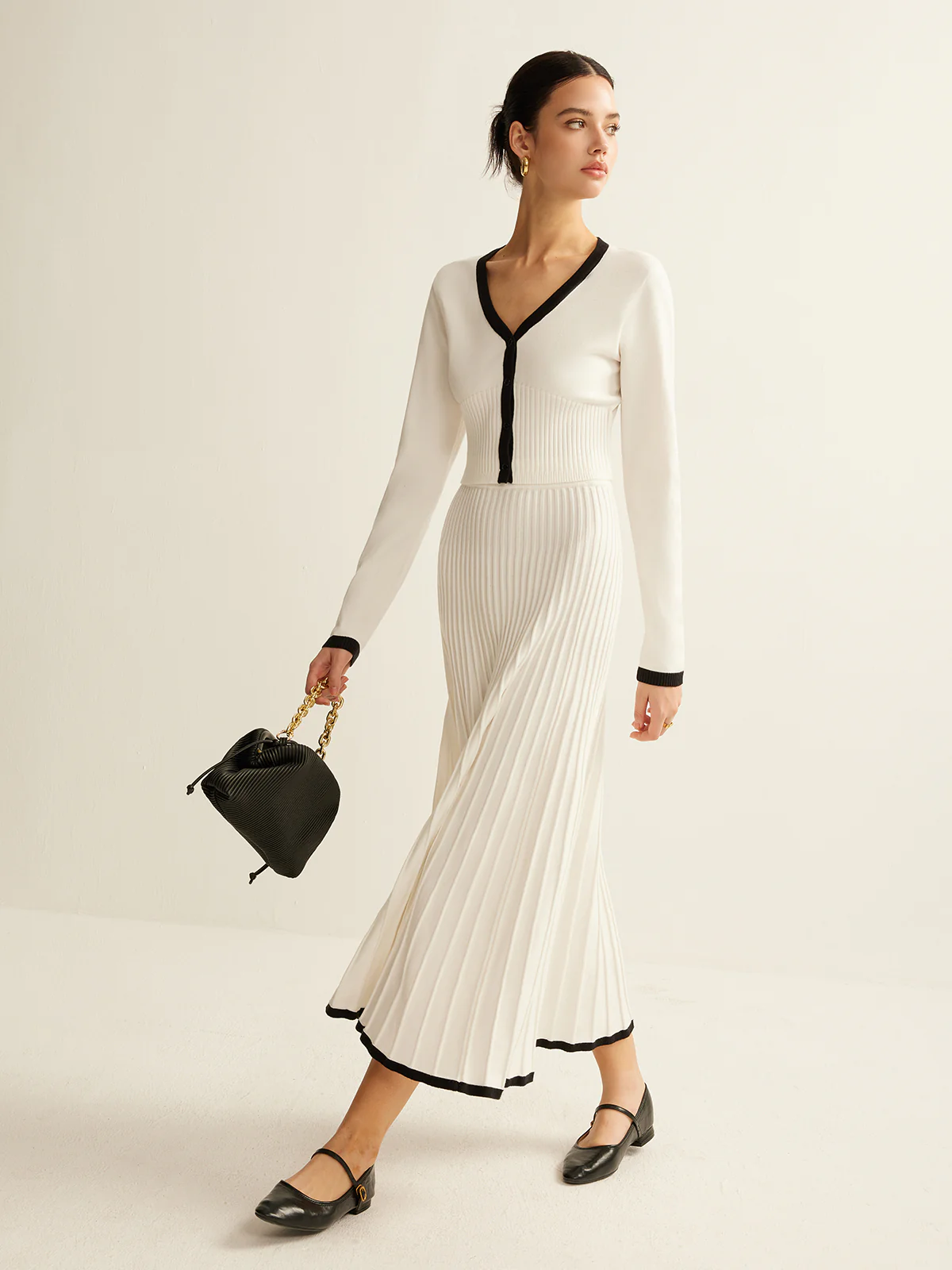 Contrast Trim Pleated Knit Skirt Set - Image 5
