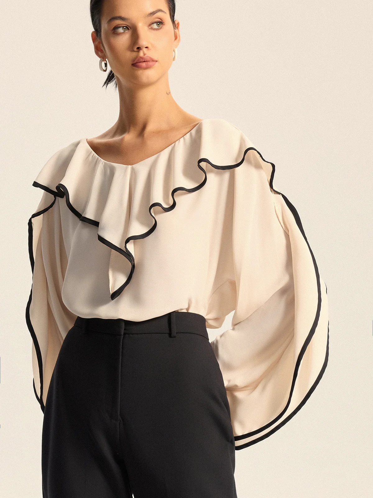 Contrast Trim Ruffle Collar Blouse - Image 3