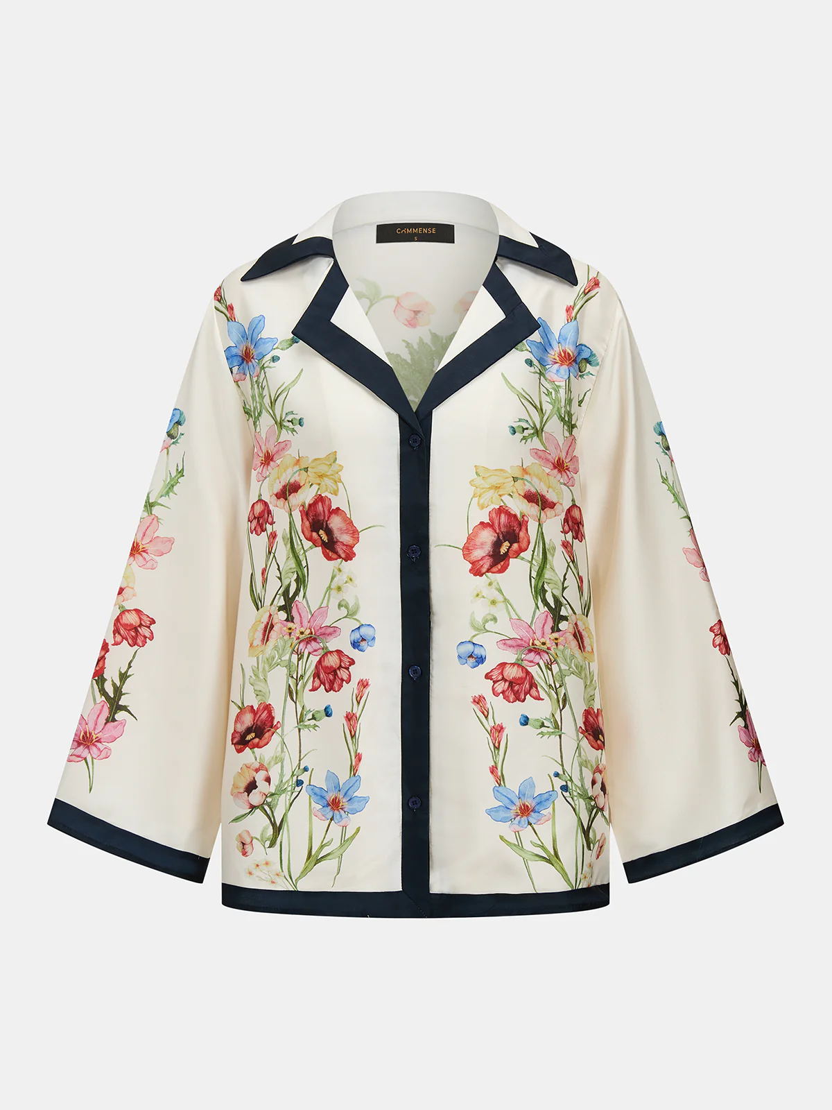 Contrast Trim Satin Floral Print Blouse
