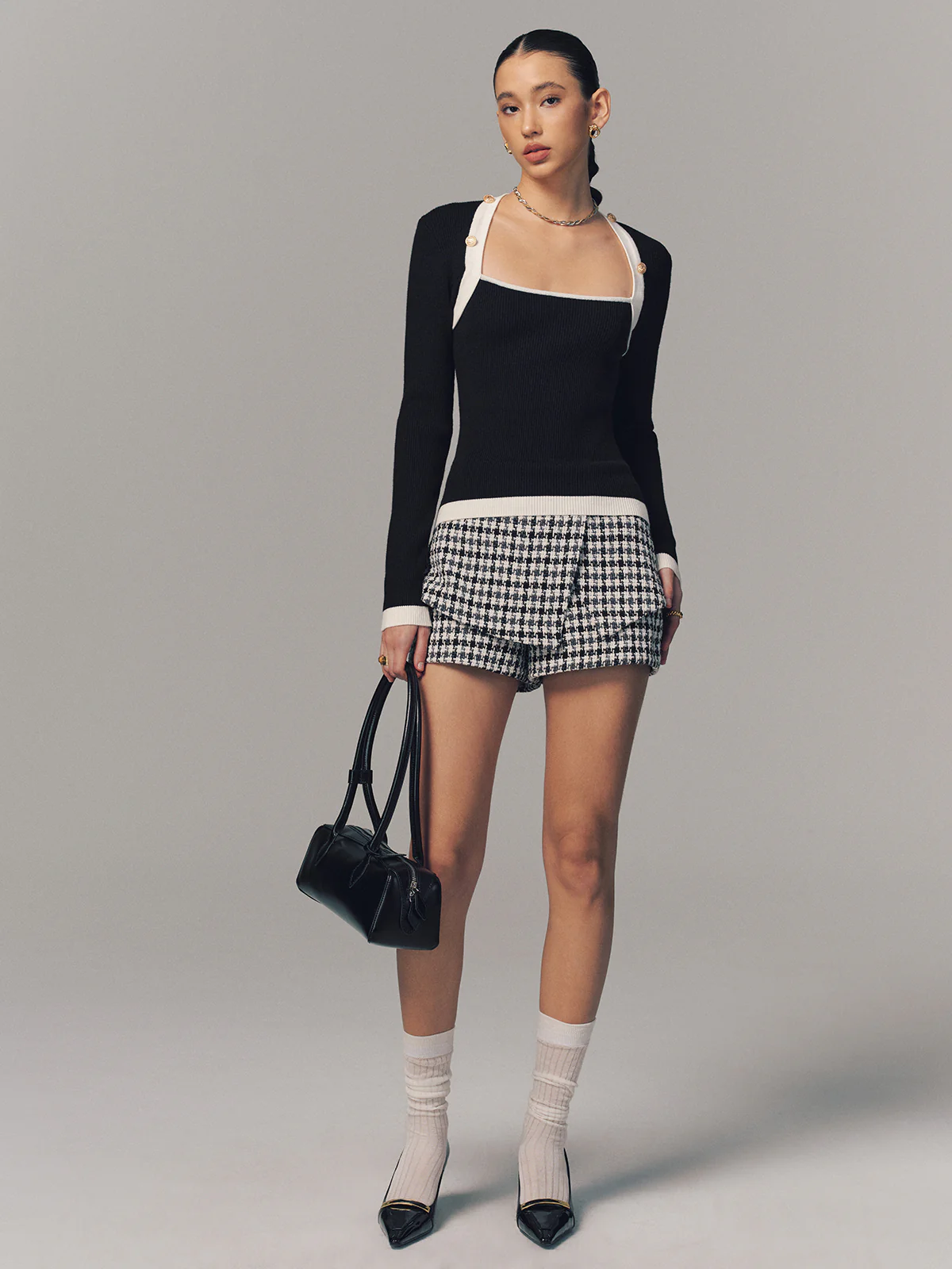 Contrast Trim Square Neck Ribbed Sweater