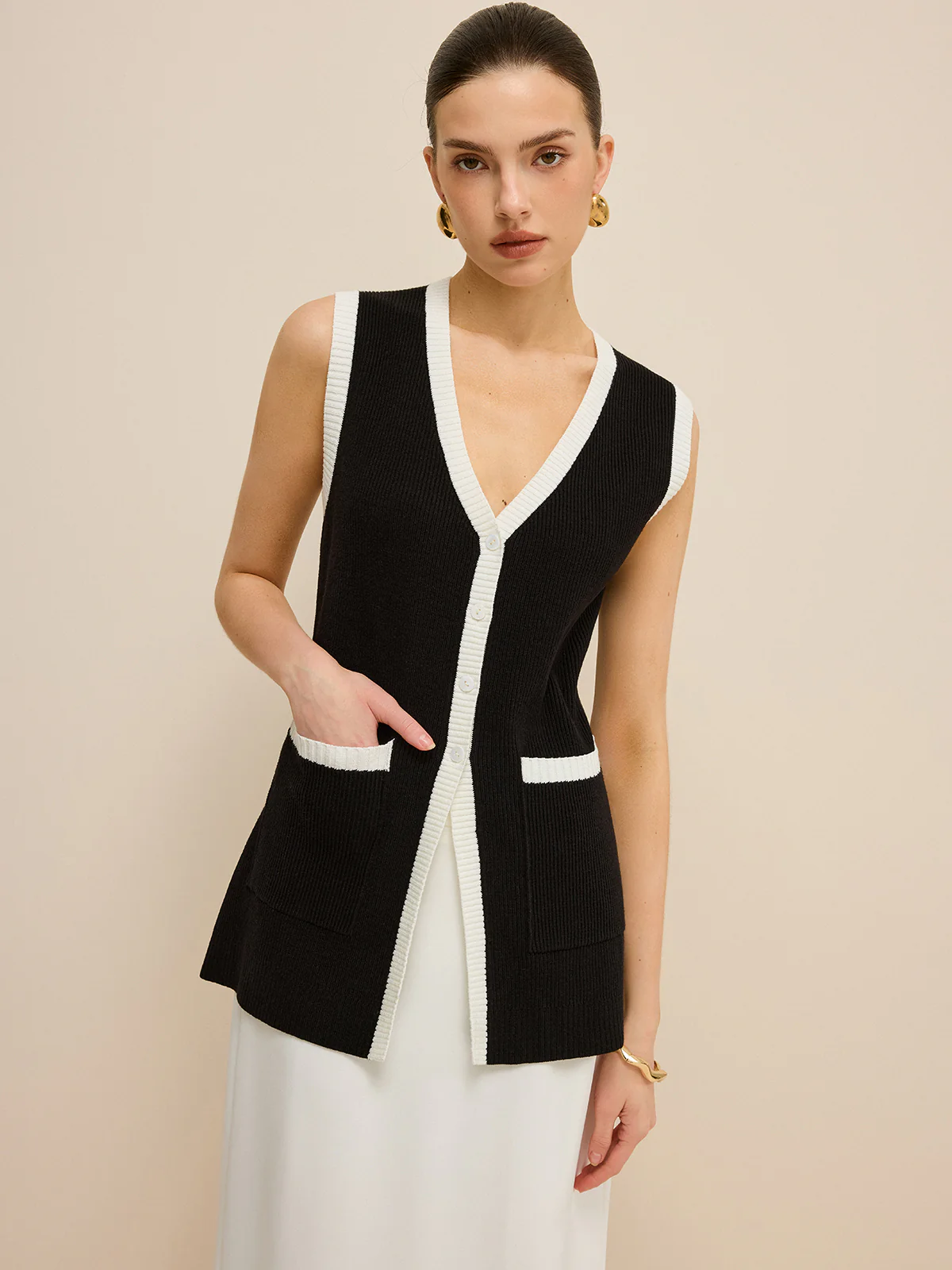 Contrast Trim V-Neck Knit Vest - Image 2