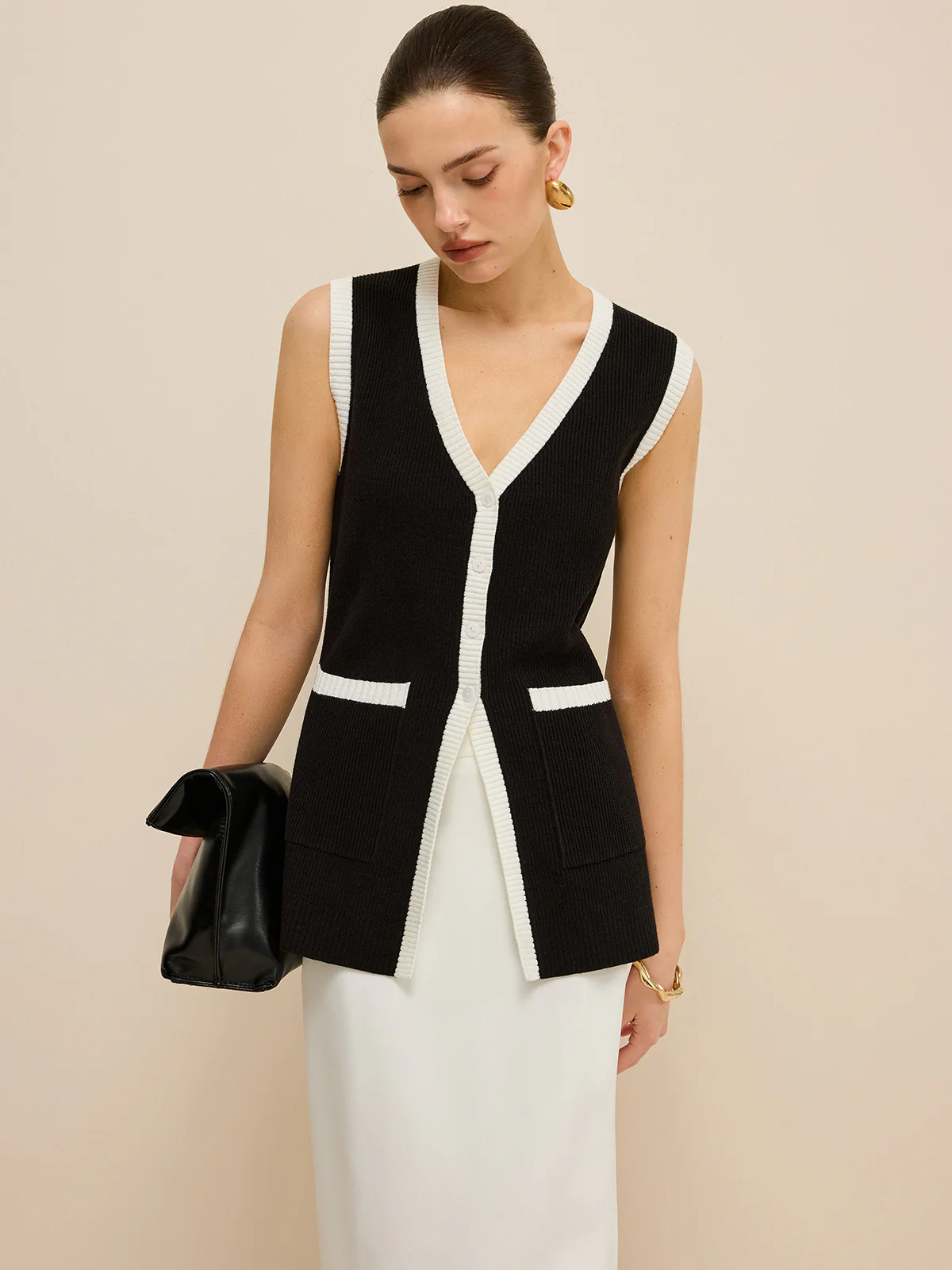 Contrast Trim V-Neck Knit Vest - Image 3