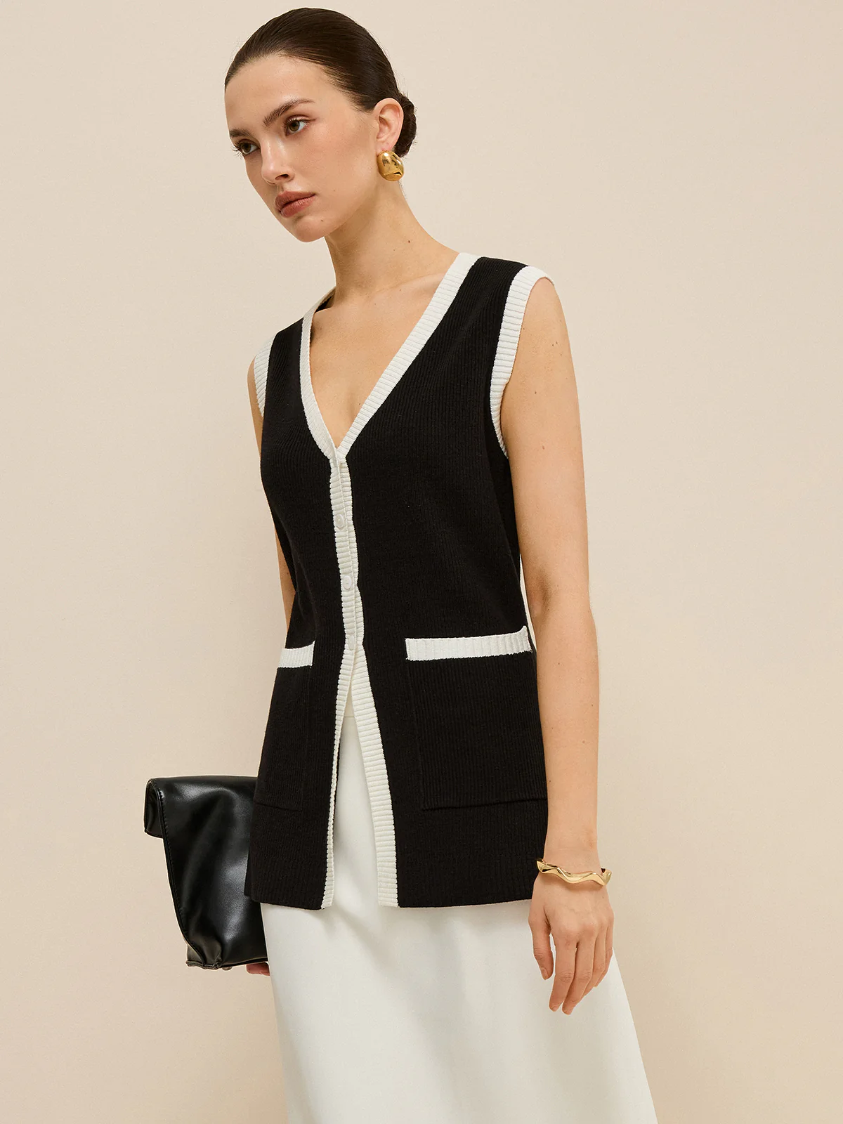 Contrast Trim V-Neck Knit Vest - Image 4