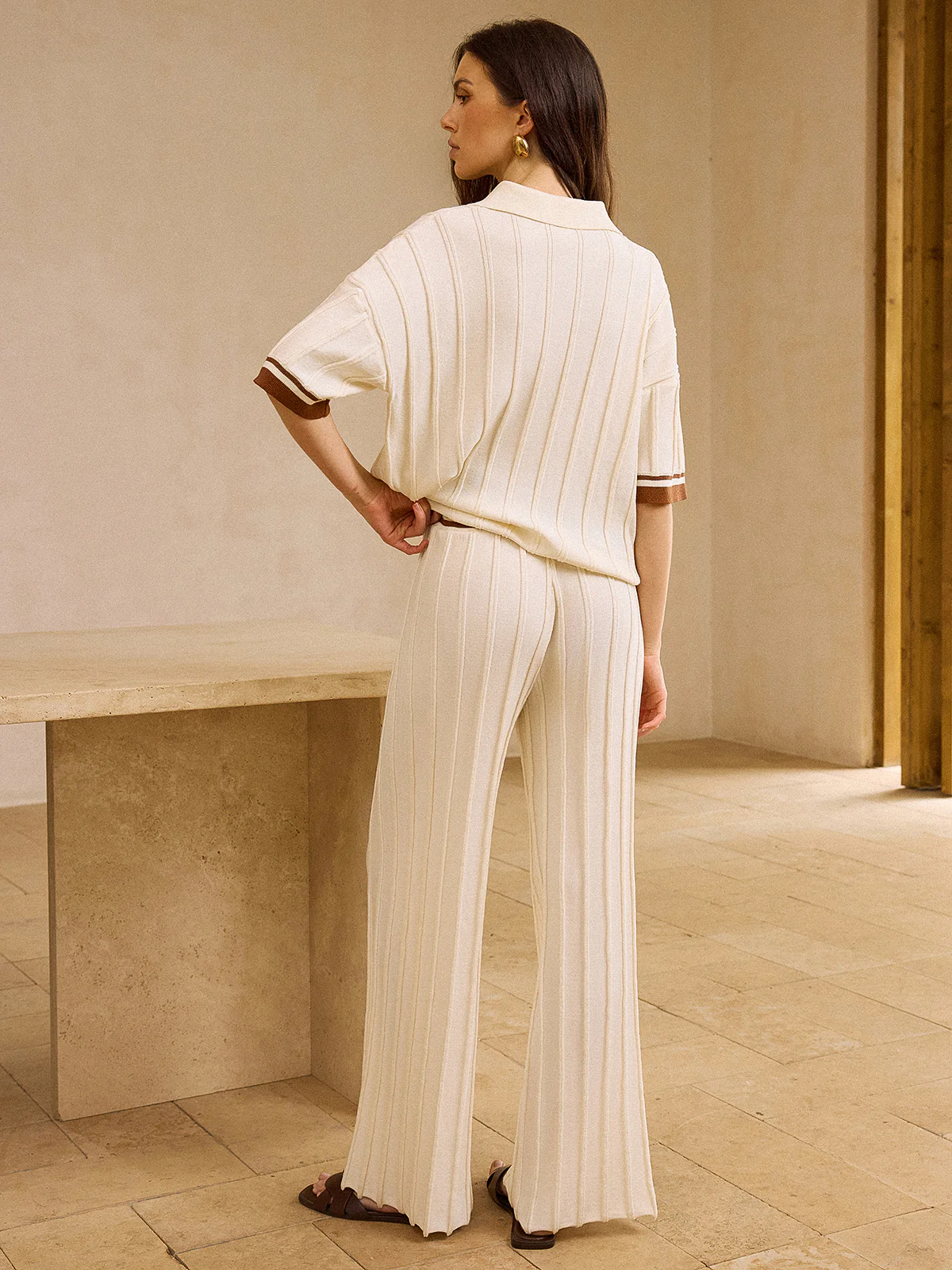 Contrast-Trimmed Polo Neck Top and Drawstring Straight-Leg Pants Set - Image 6