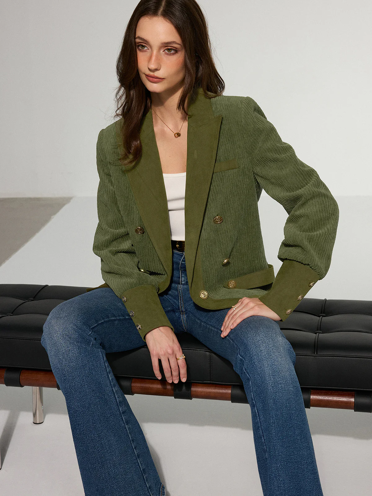 Corduroy Lapel Metal Button Blazer - Image 3