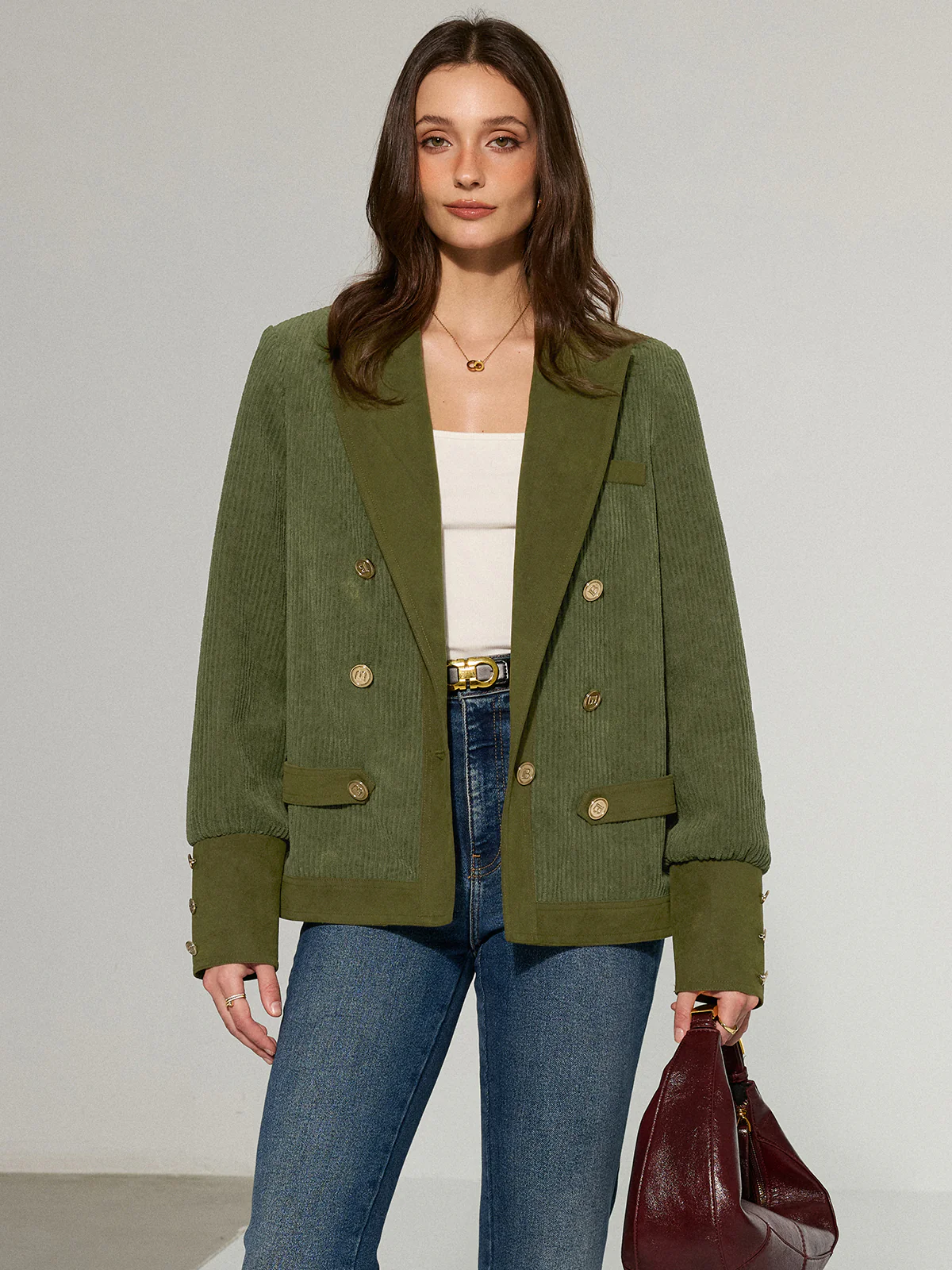 Corduroy Lapel Metal Button Blazer - Image 4