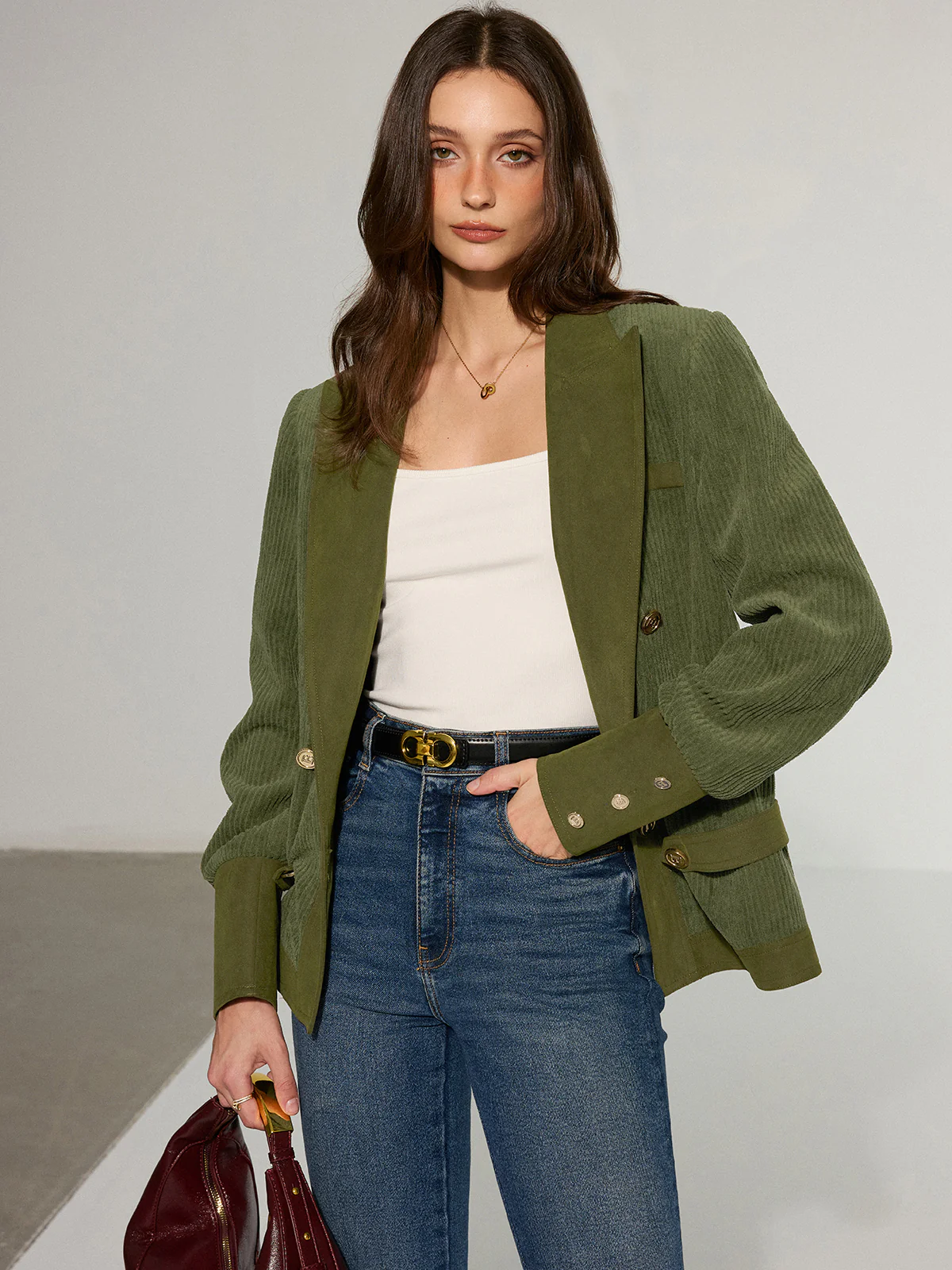 Corduroy Lapel Metal Button Blazer - Image 5