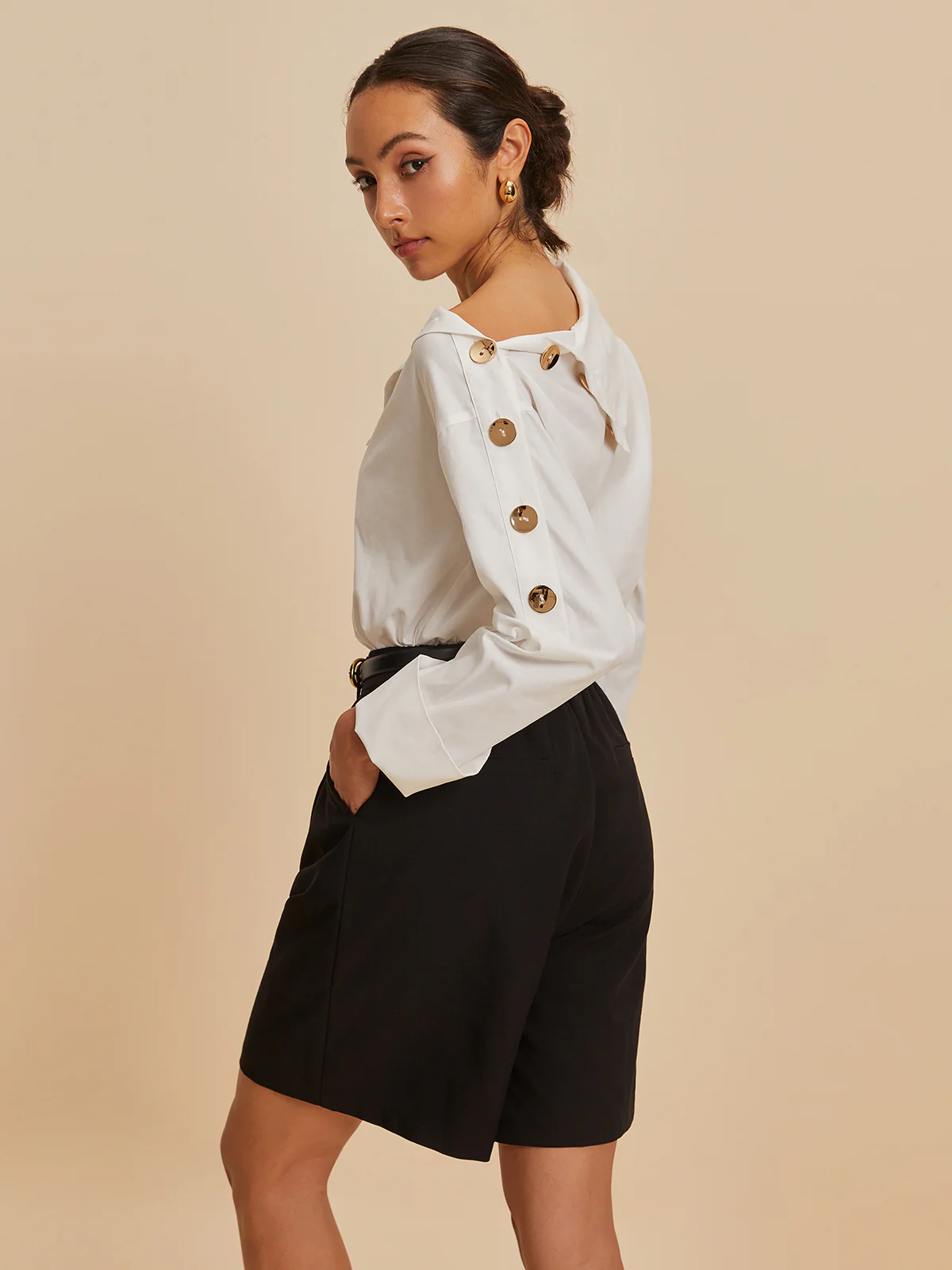 Cotton Asymmetrical Metal Button Shirt - Image 2