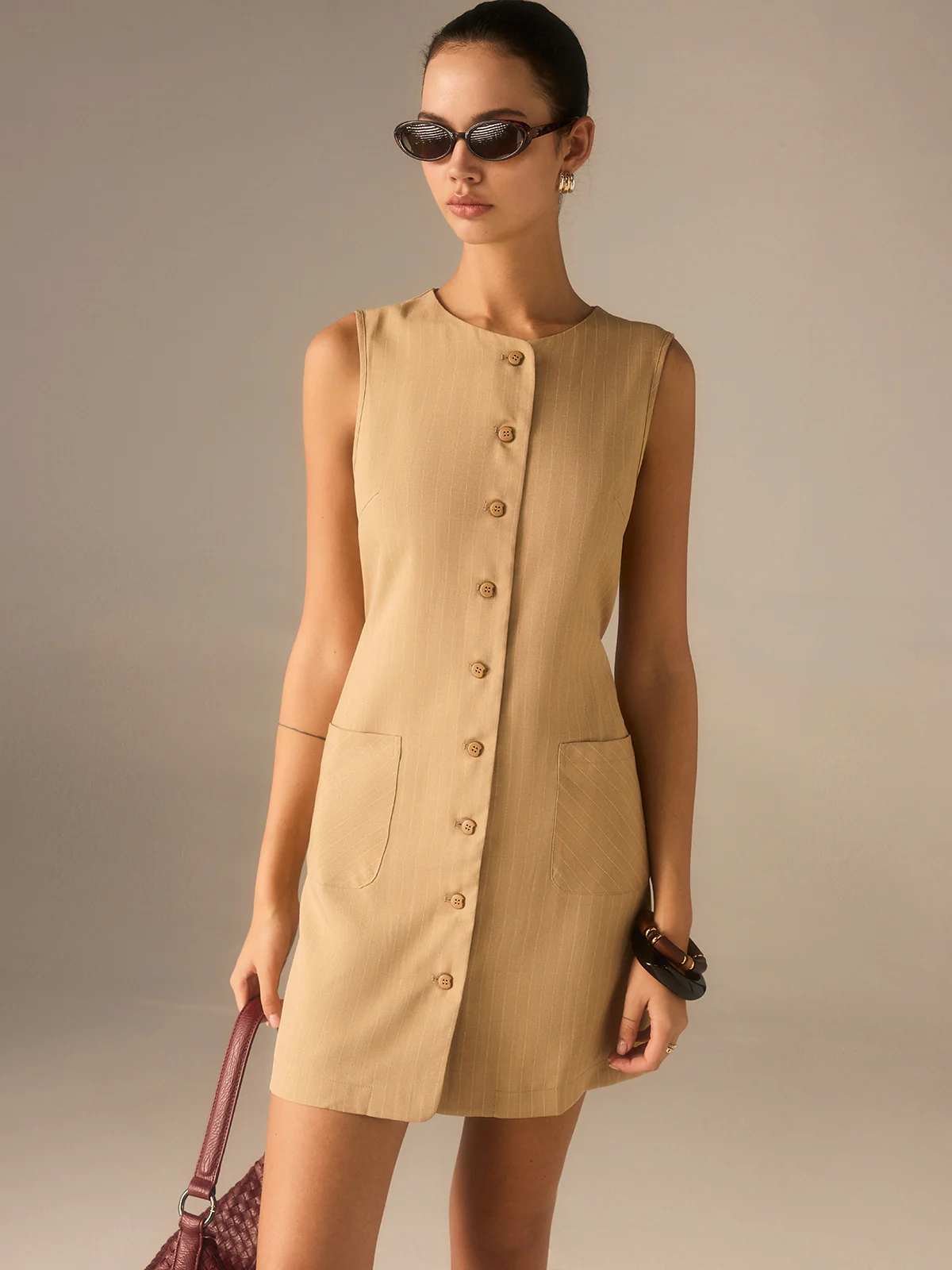 Cotton Blend Buttoned Dress with Pockets and Ties - Image 3