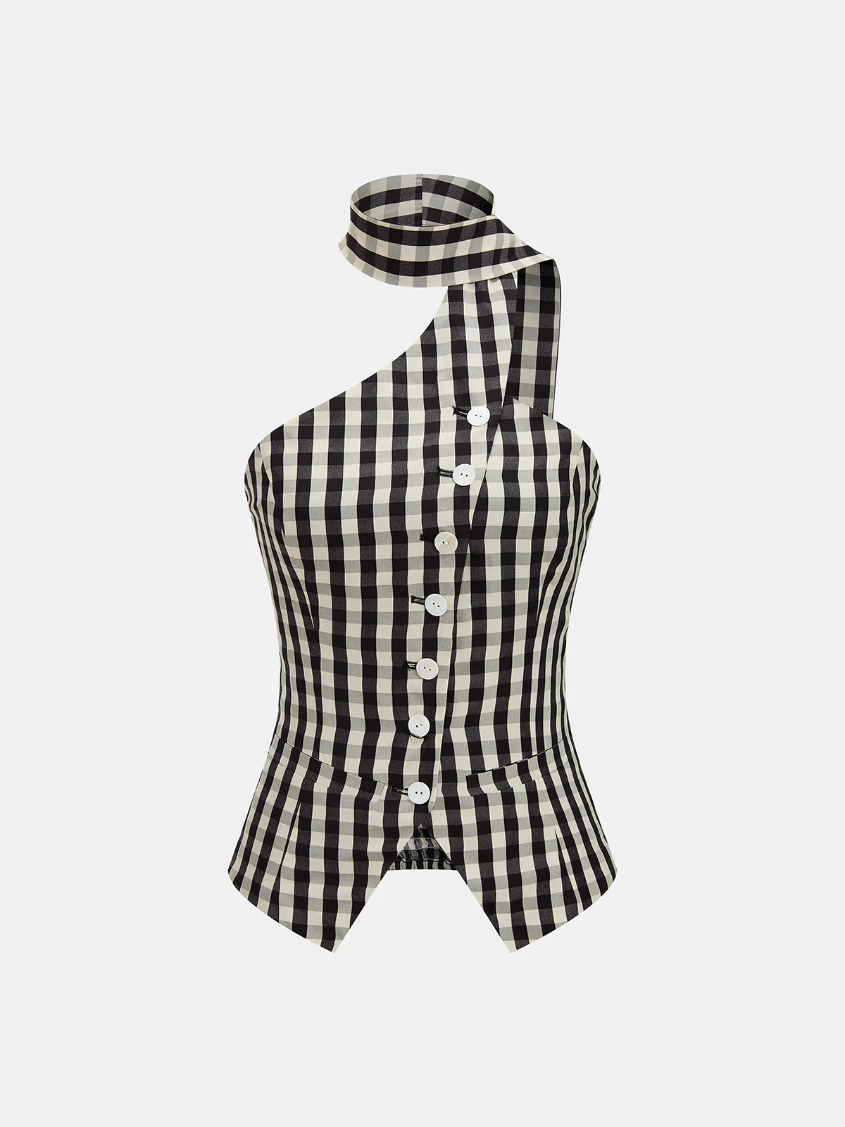 Cotton Blend Gingham Buttoned Halter Top
