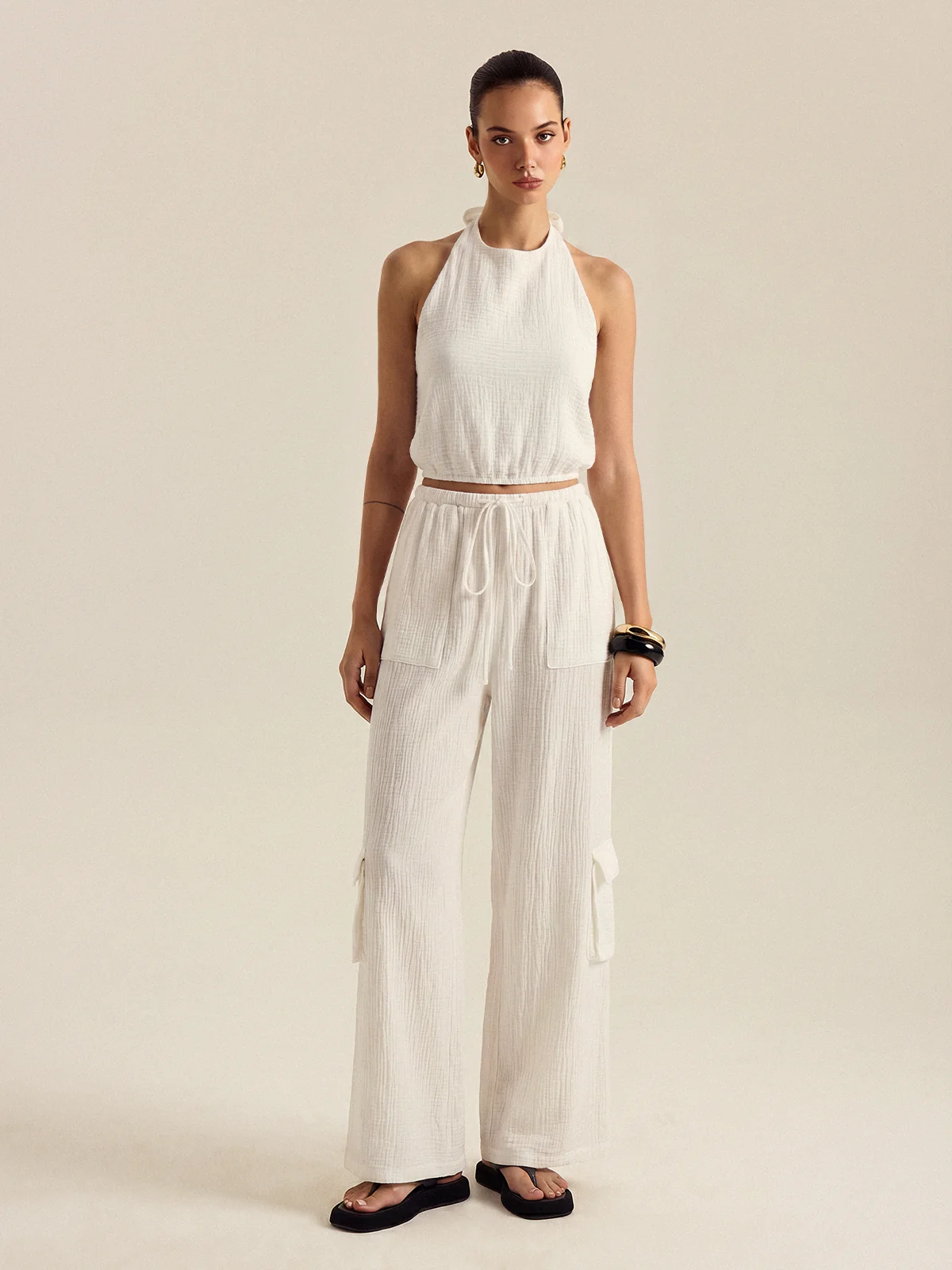 Cotton Blend Halter Top & Cargo Pants Set