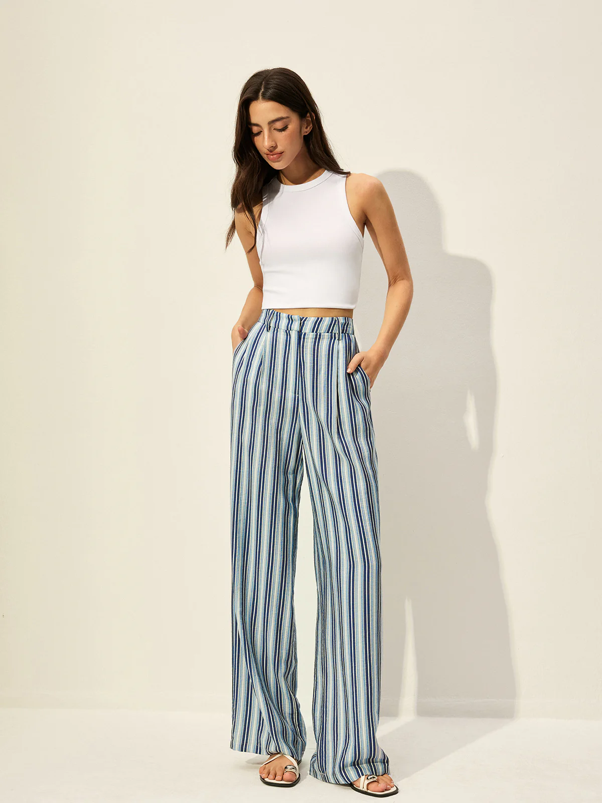 Cotton Blend High-Waist Striped Pants - Image 2