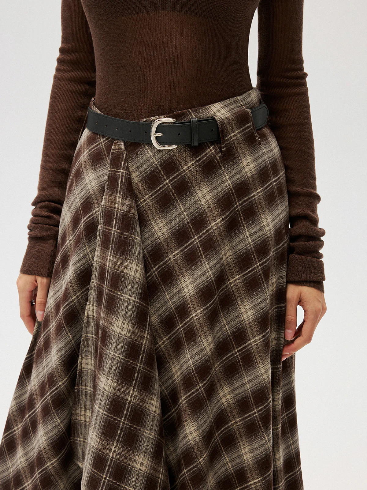 Cotton-Blend Plaid Asymmetric Maxi Skirt without Belt - Image 3