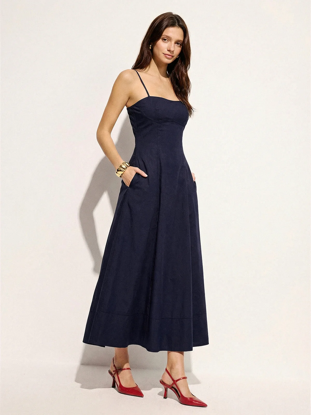 Cotton Blend Pocketed Cami Flared Maxi Dress - Image 10