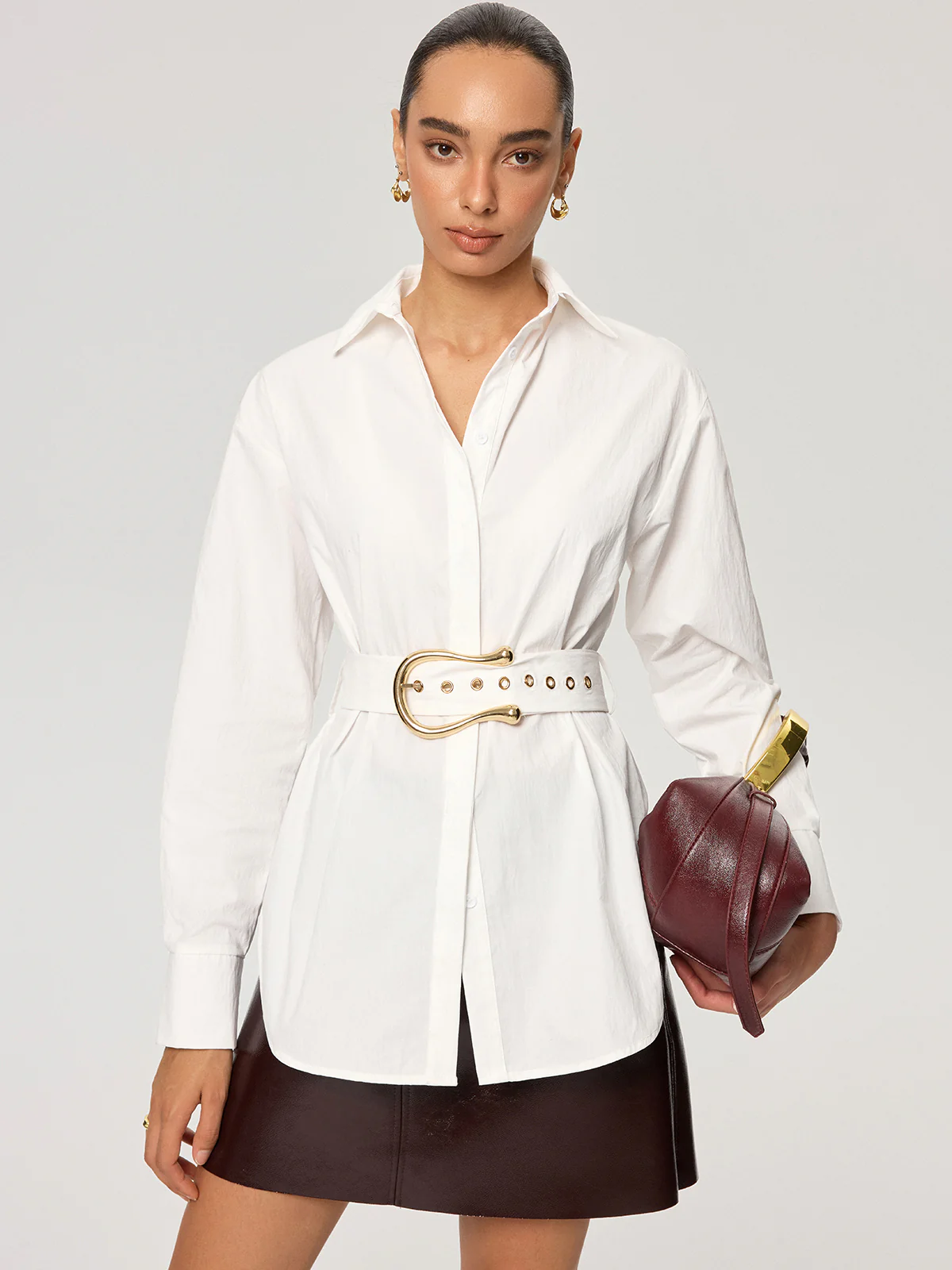 Cotton Blend Shirt with Metal Buckle Belt - Image 2