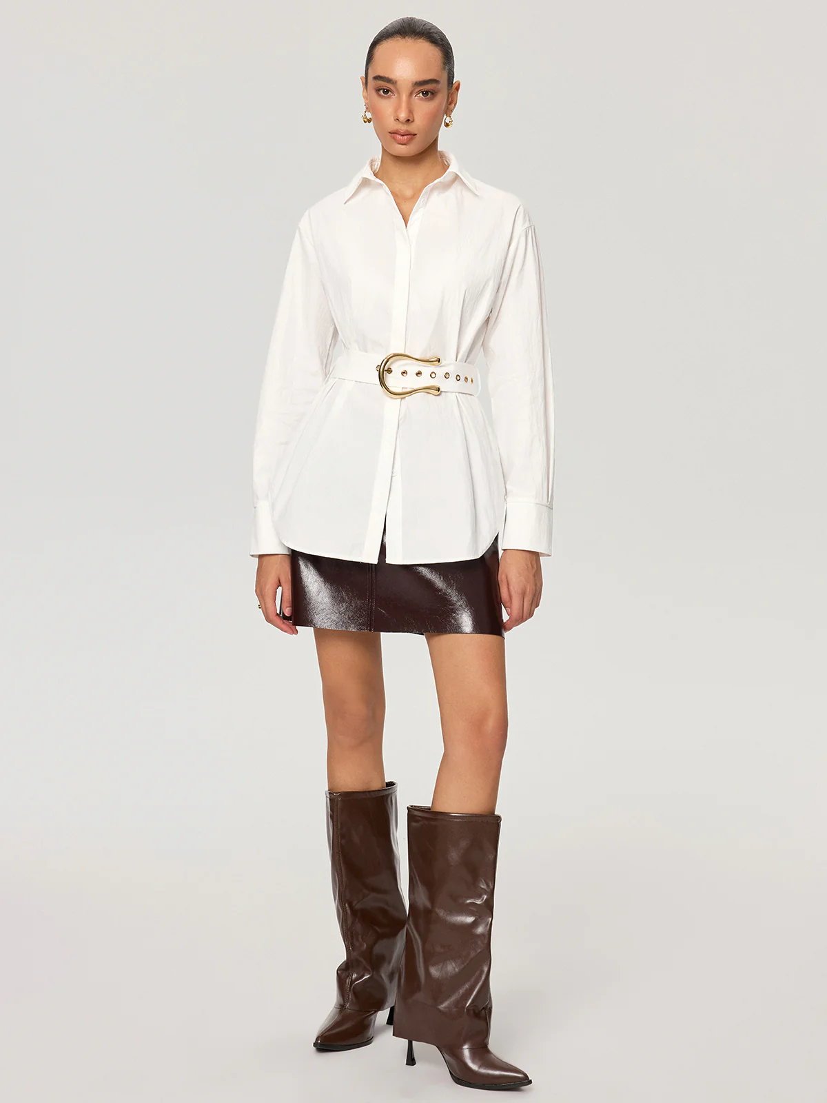 Cotton Blend Shirt with Metal Buckle Belt - Image 6