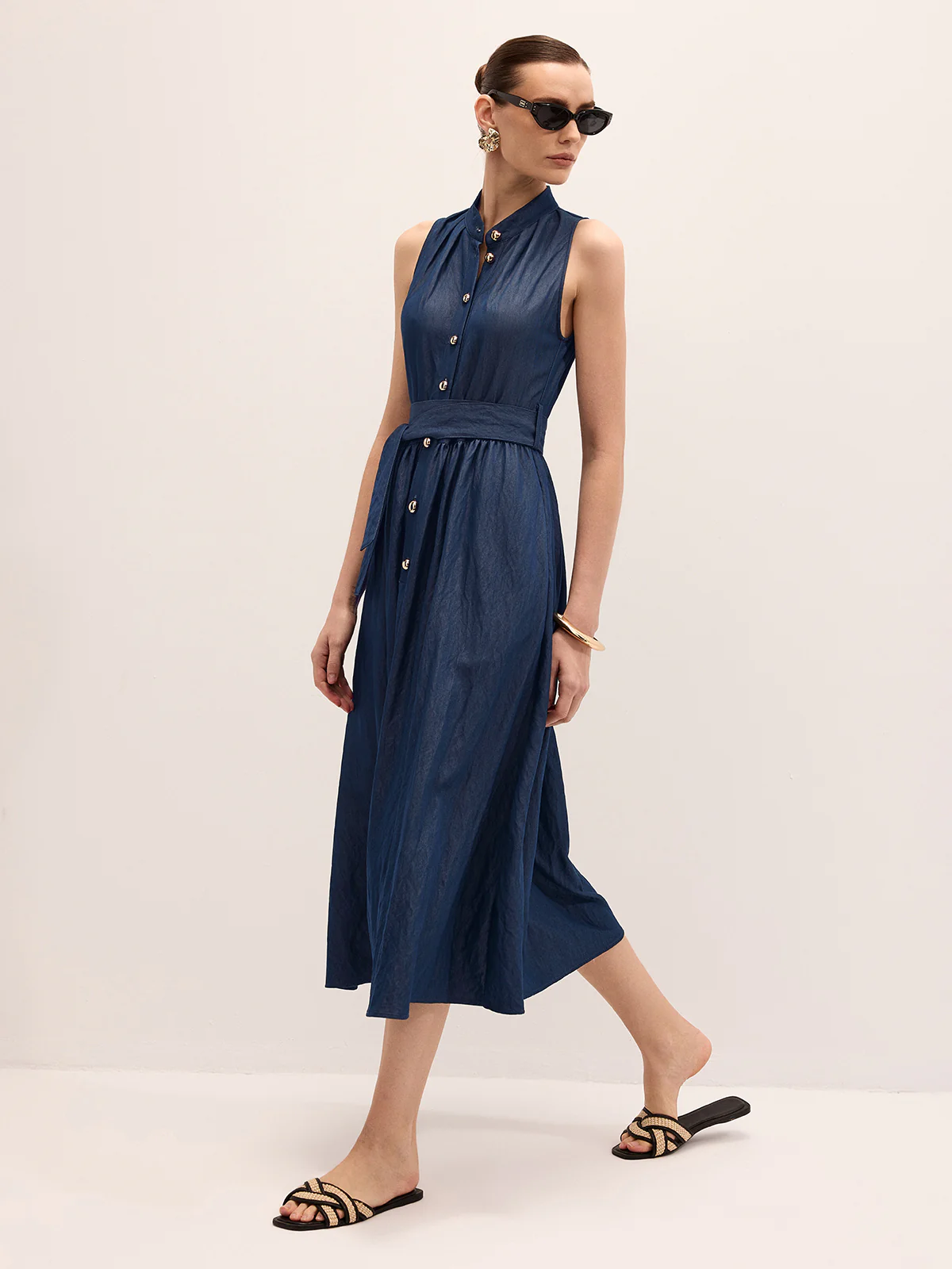 Cotton Blend Sleeveless Belted Maxi Dress - Image 2