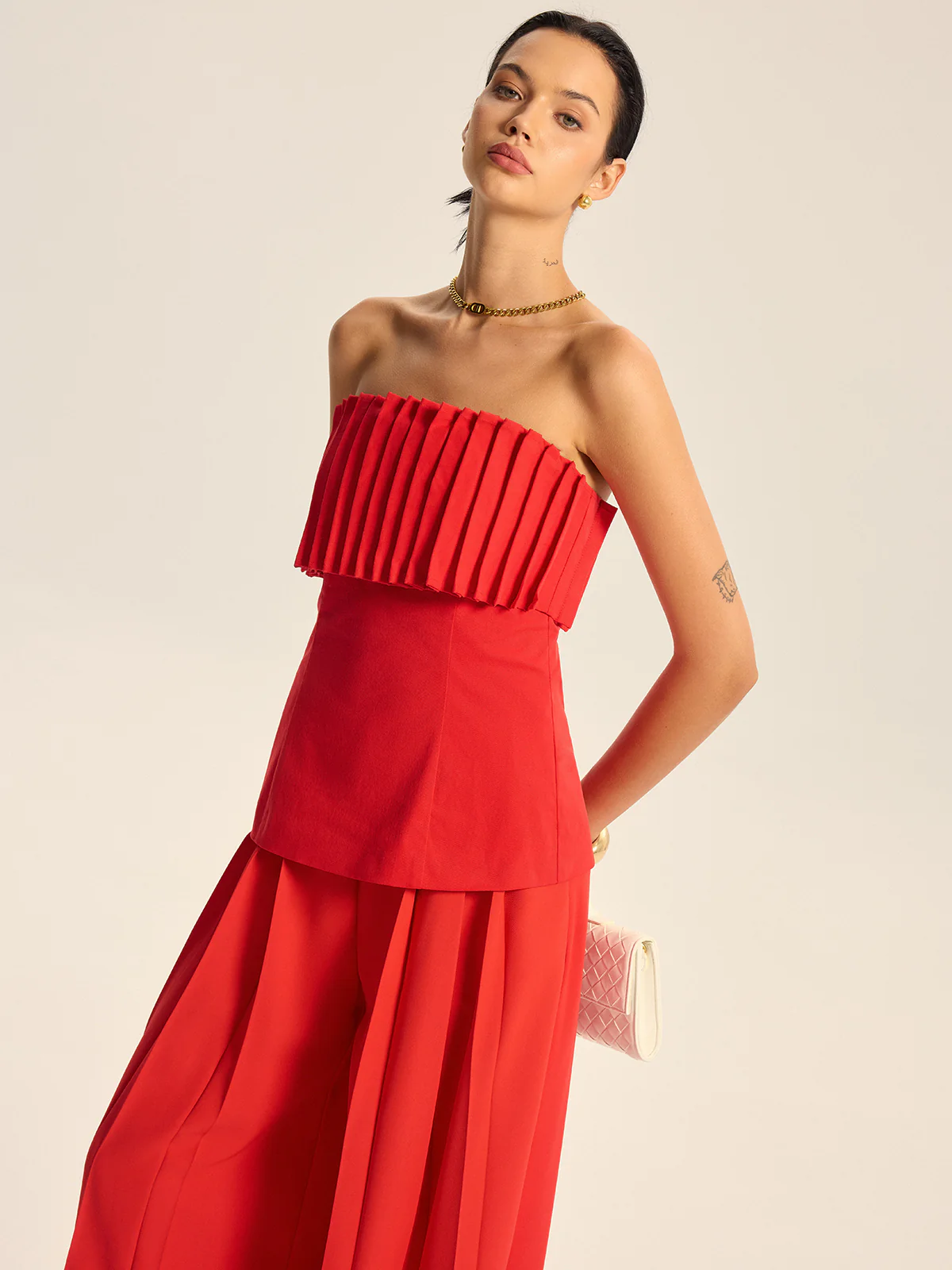Cotton Blend Strapless Pleated Top - Image 2