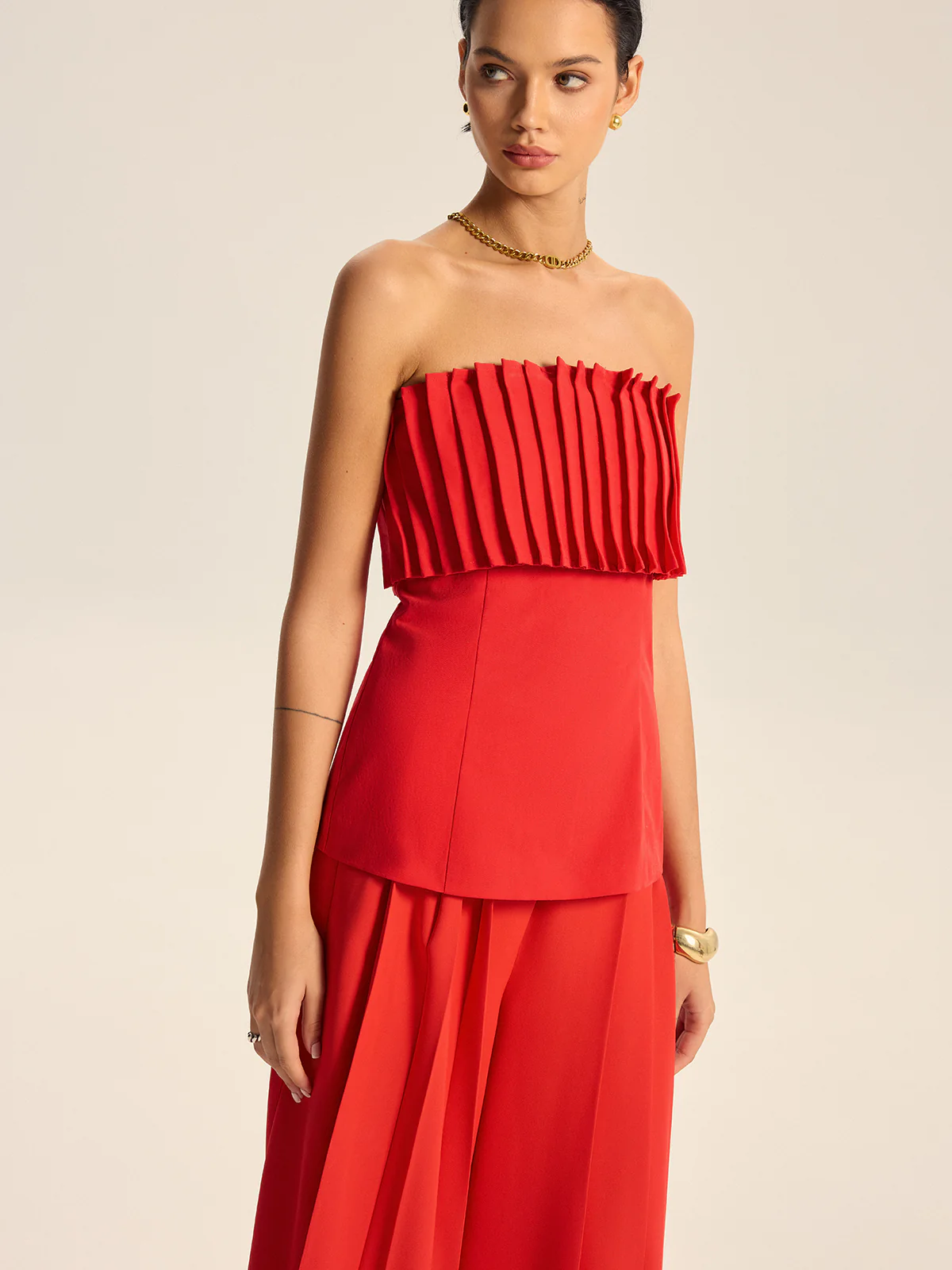 Cotton Blend Strapless Pleated Top - Image 6