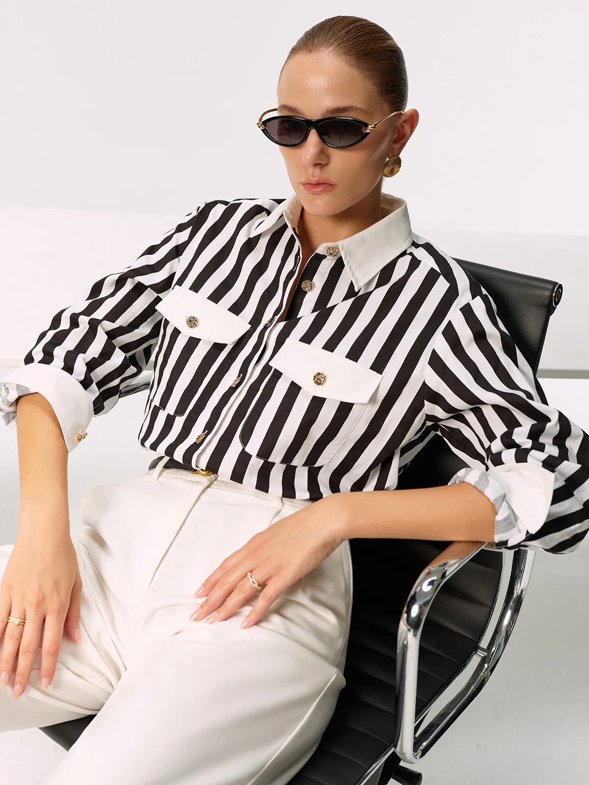 Cotton Blend Striped Metal Button Shirt - Image 6