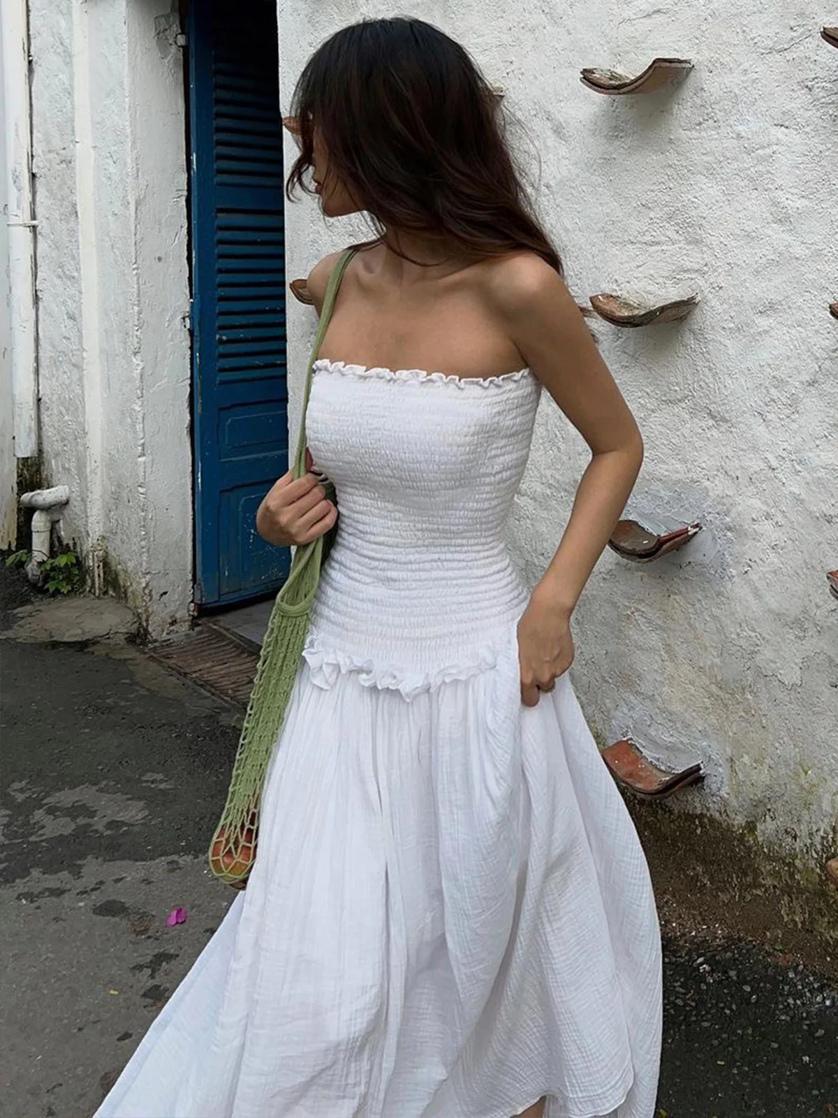 Cotton Blends Shirred Tube Long Dress - Image 3