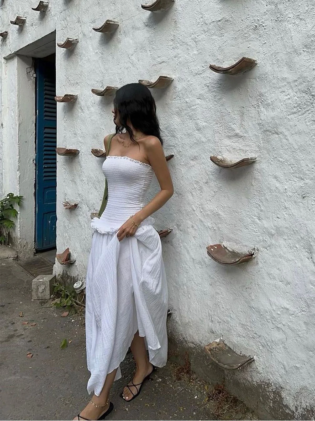 Cotton Blends Shirred Tube Long Dress - Image 4