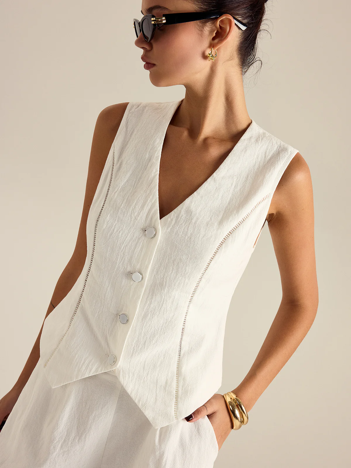 Cotton Button Detail Vest Top With Pockets Shorts Set - Image 4