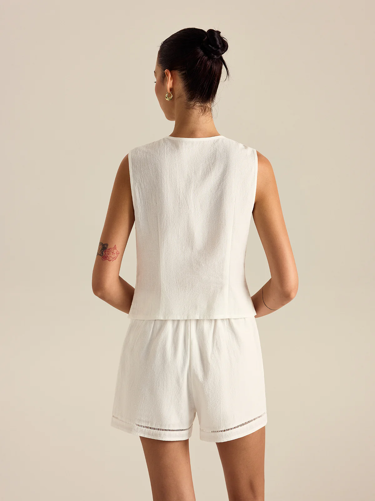 Cotton Button Detail Vest Top With Pockets Shorts Set - Image 5