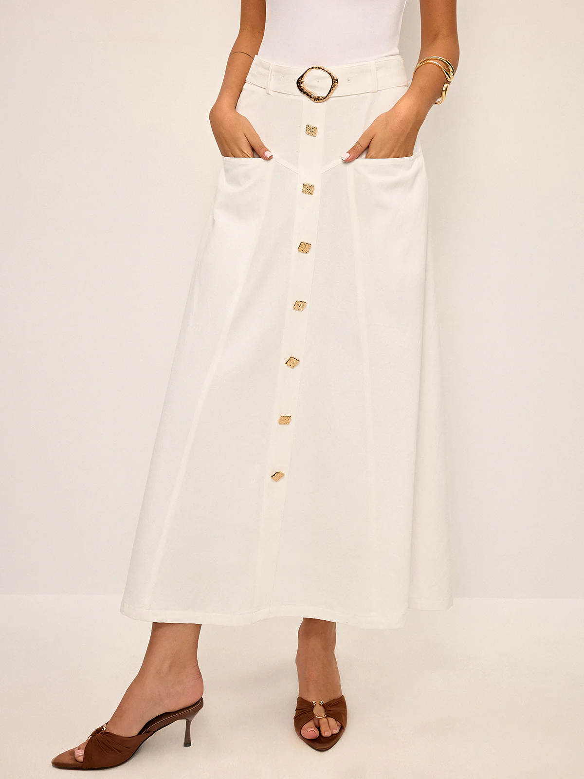 Cotton Button-Front Midi Skirt with Belt - Image 3