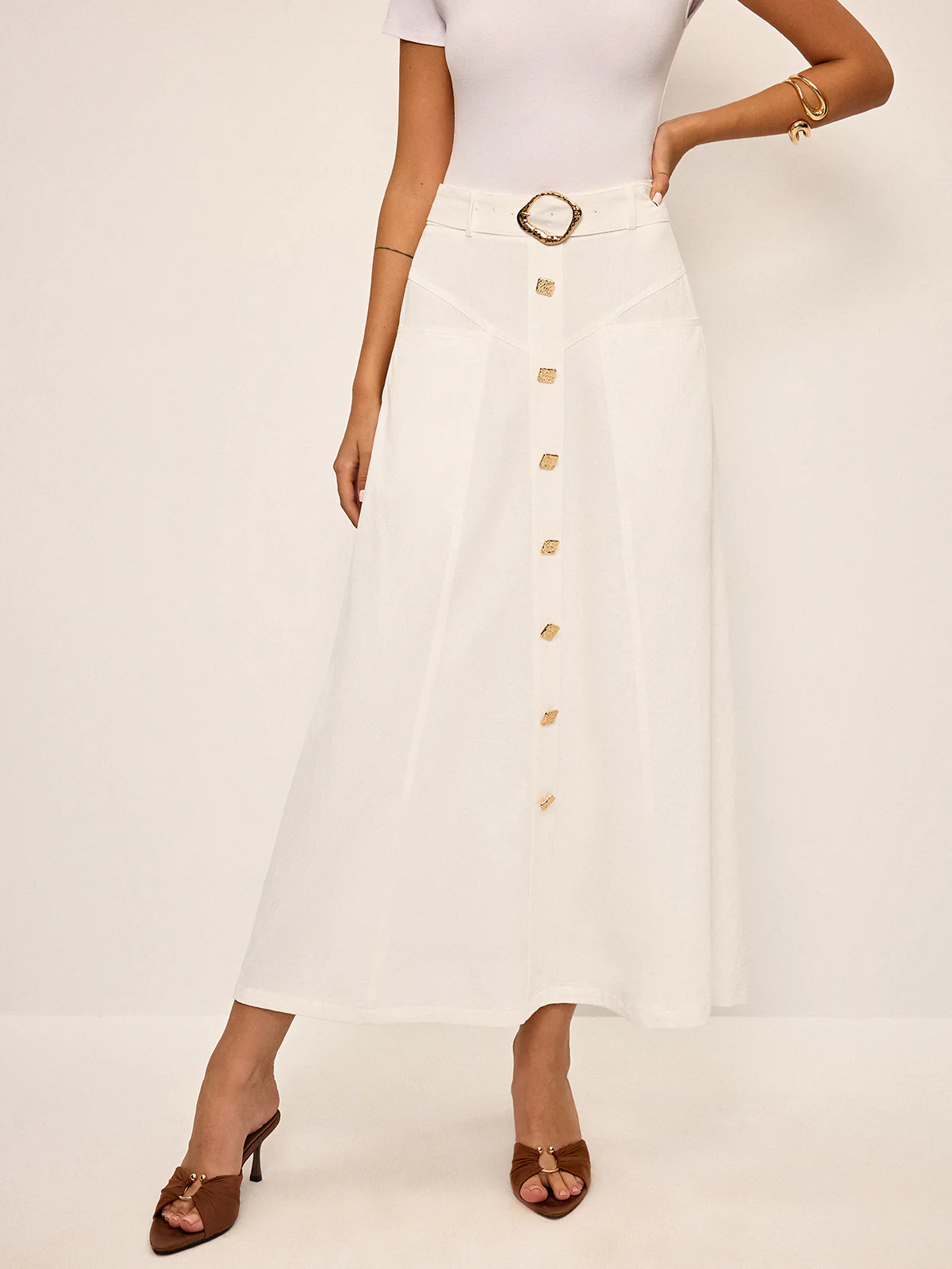 Cotton Button-Front Midi Skirt with Belt - Image 5