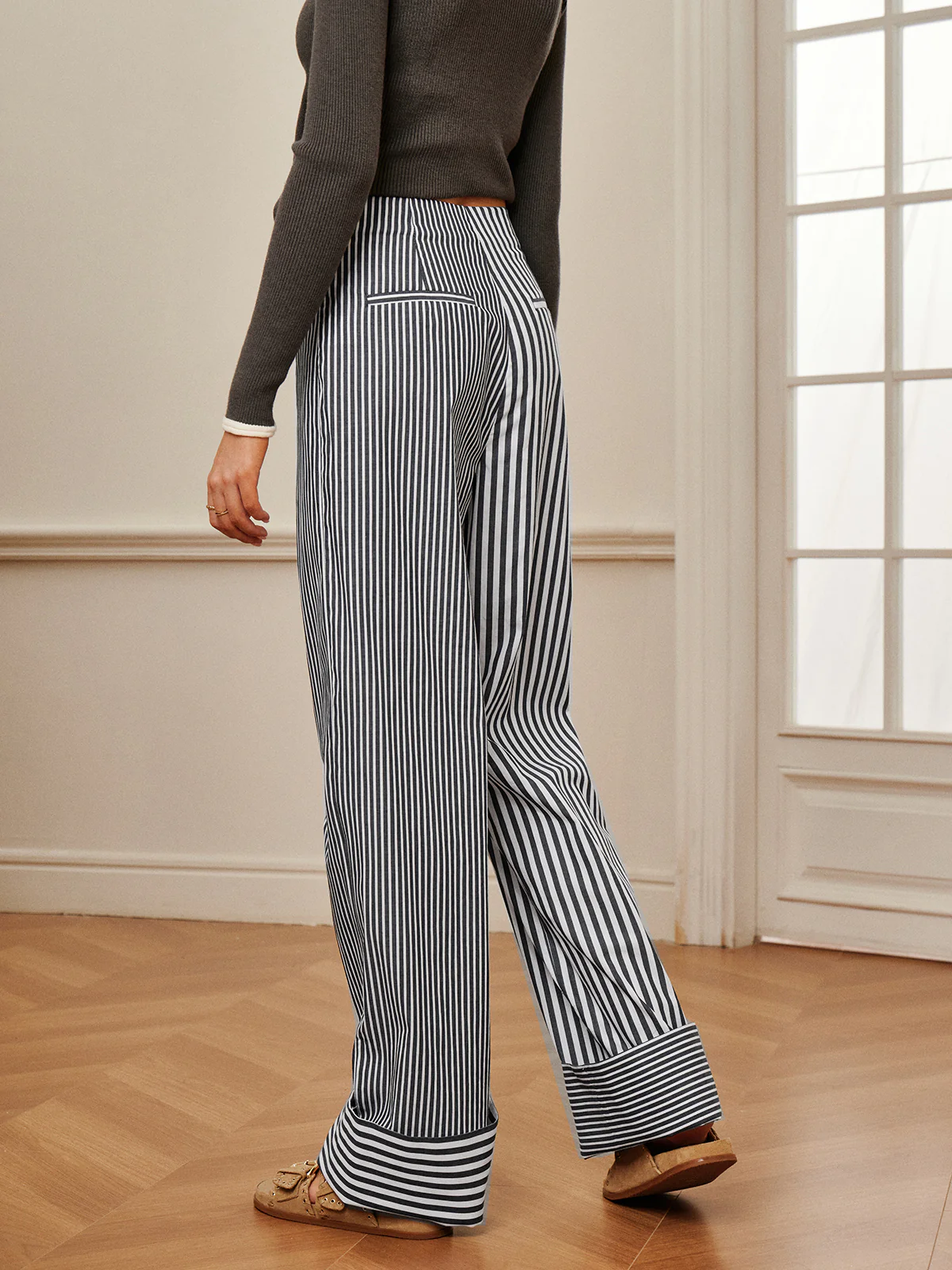 Cotton Contrast Binding Pinstripe Pants - Image 5