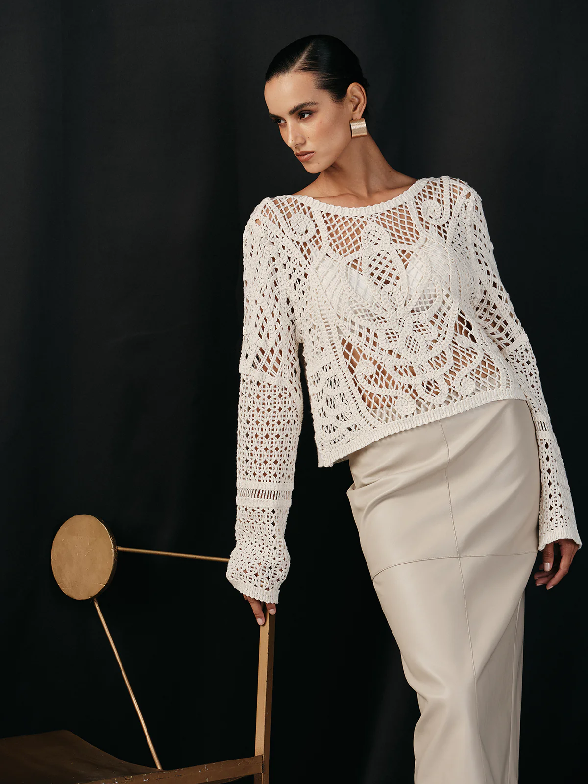 Cotton Crochet Long Sleeve Knit Top - Image 5