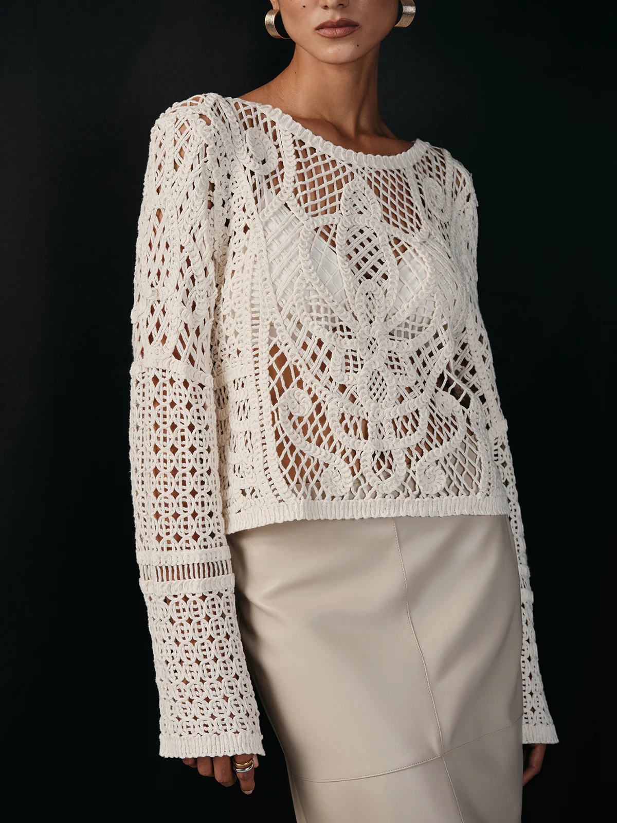 Cotton Crochet Long Sleeve Knit Top - Image 6