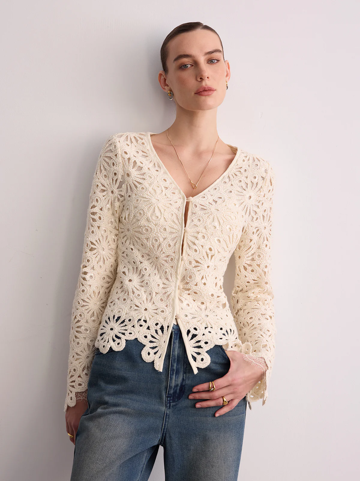 Cotton Crochet V-Neck Cardigan