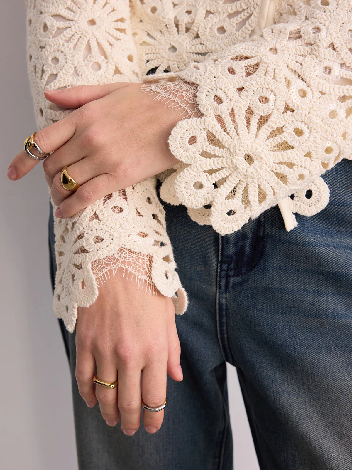 Cotton Crochet V-Neck Cardigan - Image 5