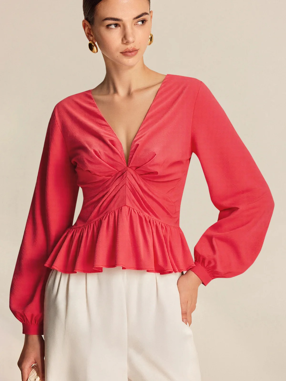 Cotton Deep V-Neck Peplum Top - Image 5