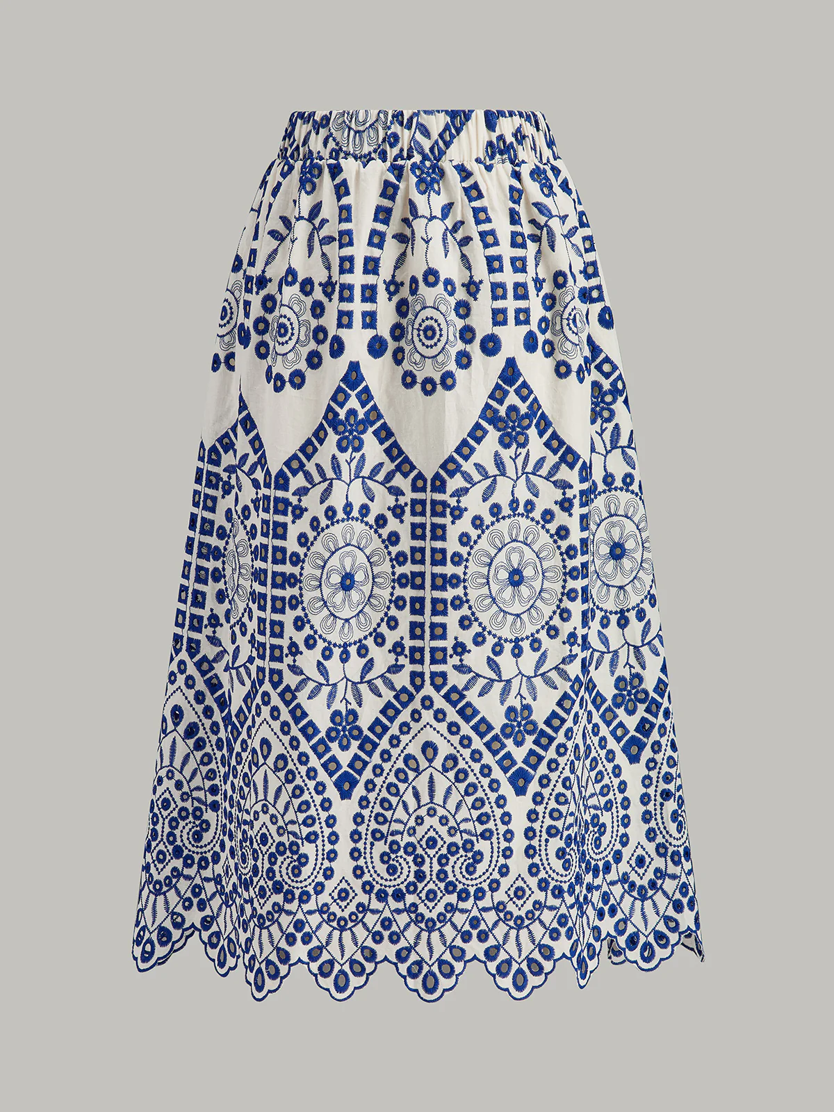 Cotton Embroidery Scalloped Hem Elastic Waistband Skirt - Image 2