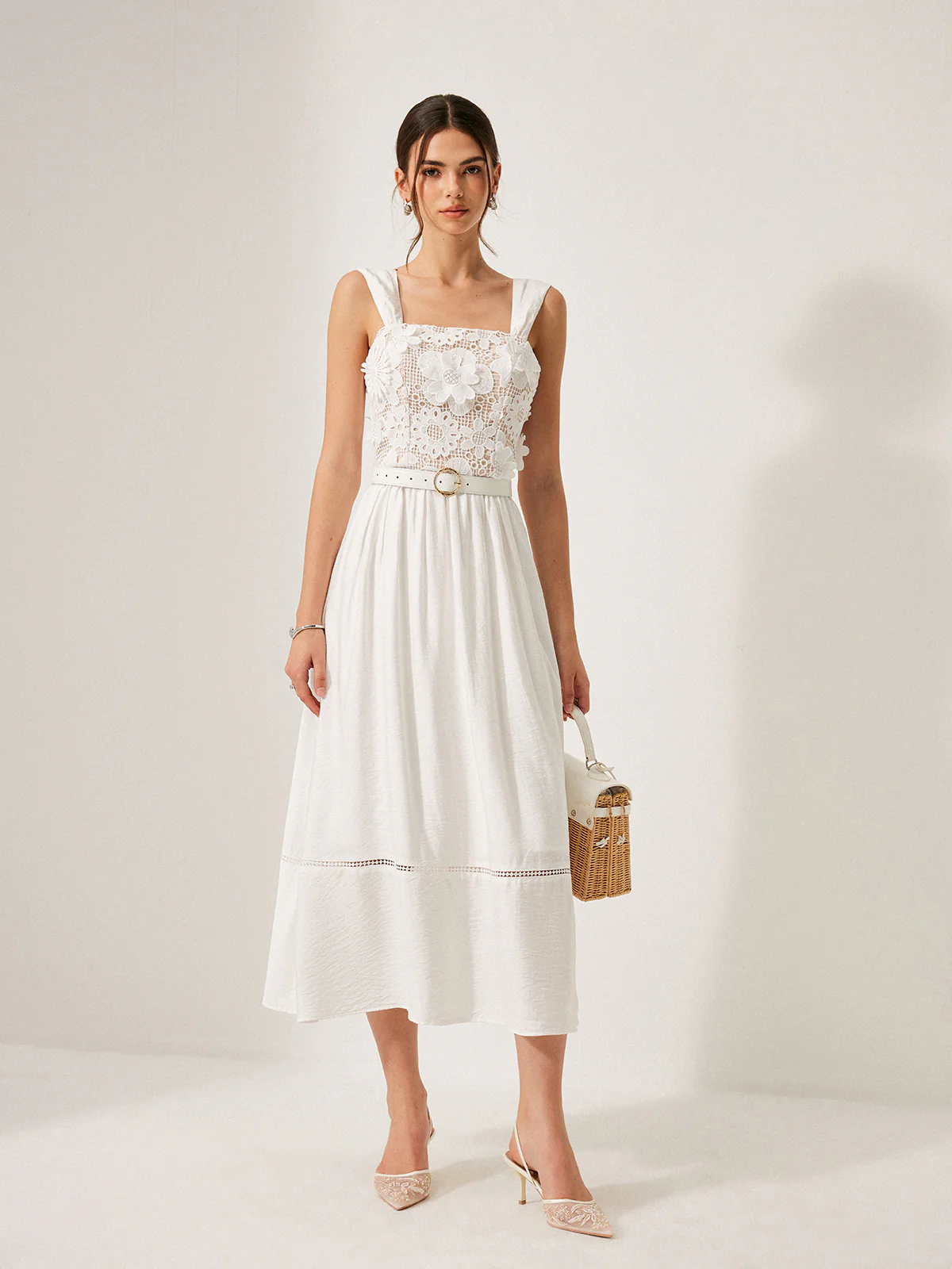 Cotton Floral Lace Belted Dress - Image 4