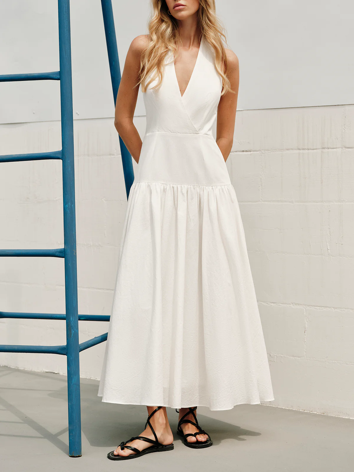 Cotton Halter V-Neck Backless Dress - Image 5