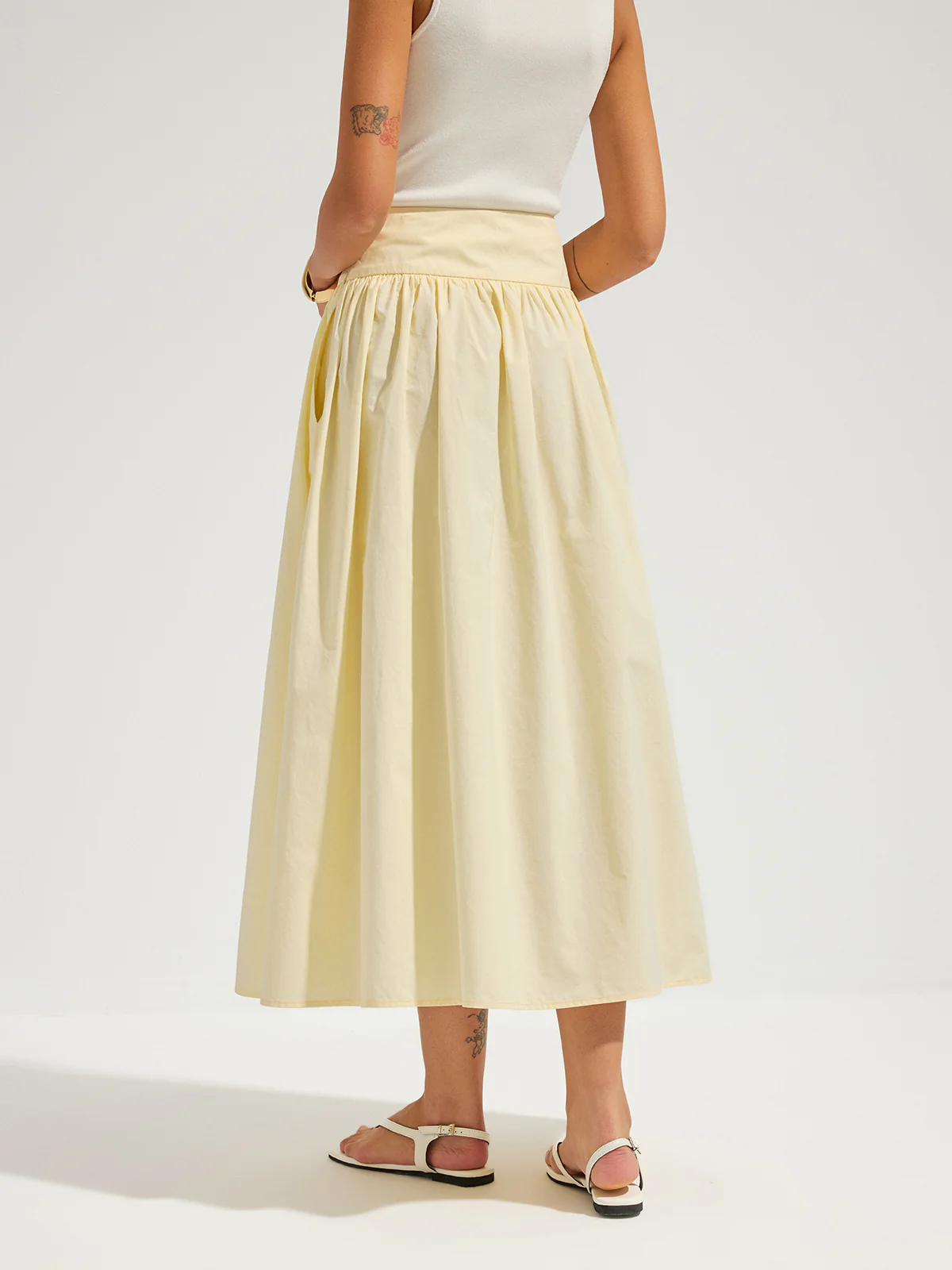 Cotton High Waist Gathered Midi Skirt - Image 2