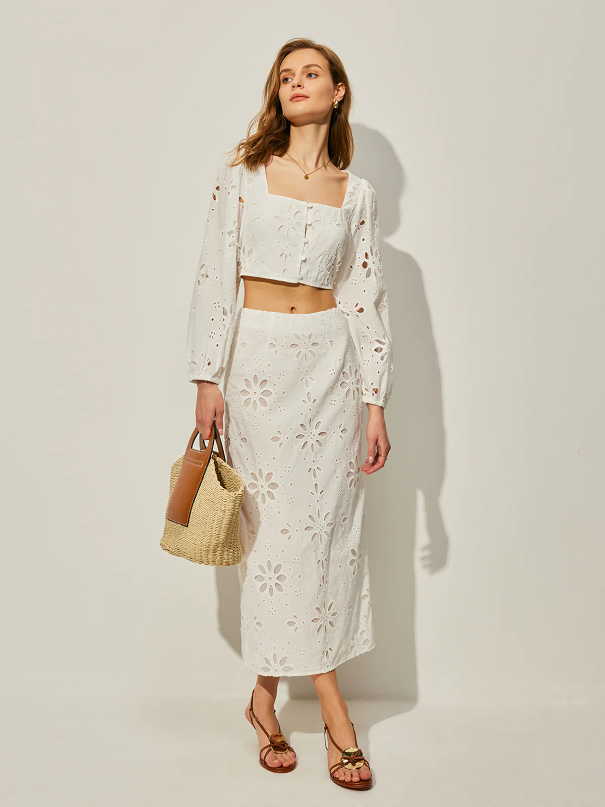 Cotton Hollow Floral Skirt Set - Image 3
