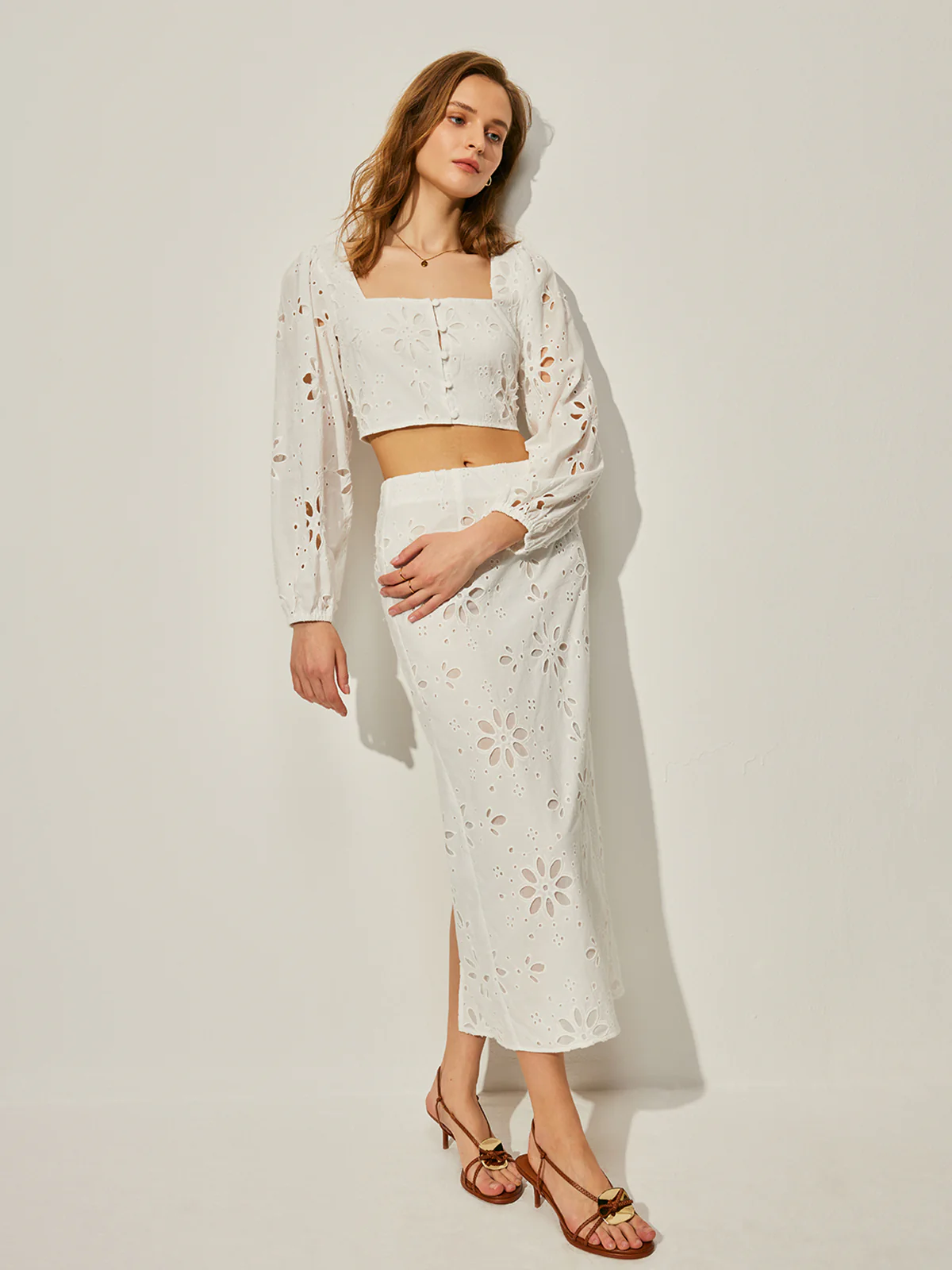 Cotton Hollow Floral Skirt Set - Image 5