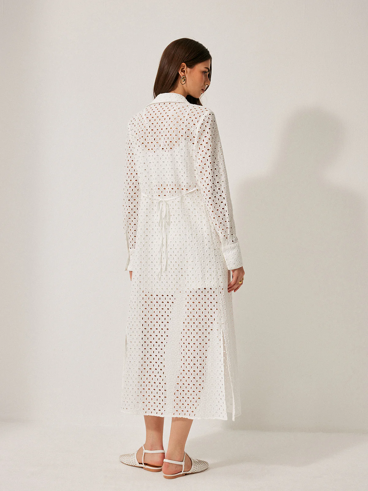Semi-Sheer Cotton Hollow Panel Tie Back Lapel Dress - Image 5