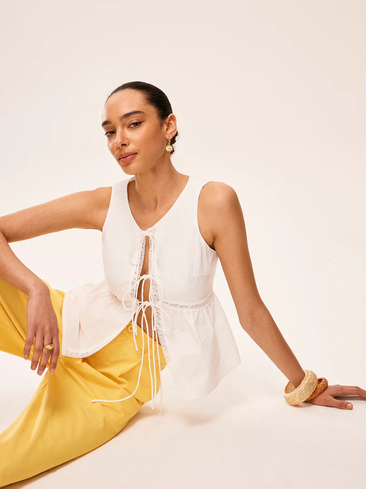 Cotton Lace-Up Detail Semi-Sheer Top - Image 2